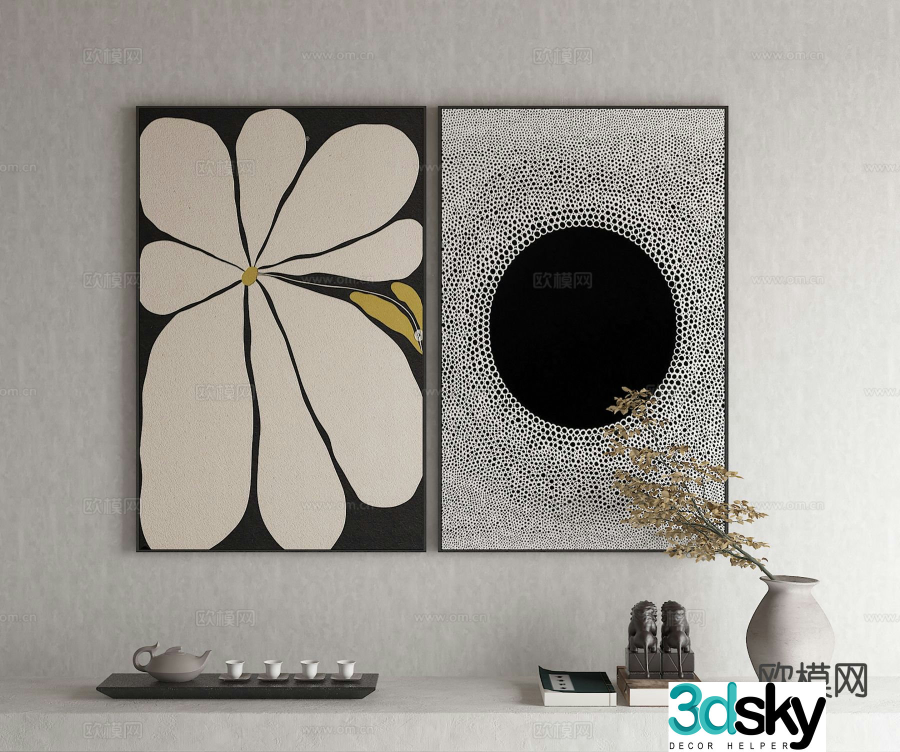 Wabi-sabi style hanging painting combination painting decorative painting 3D model