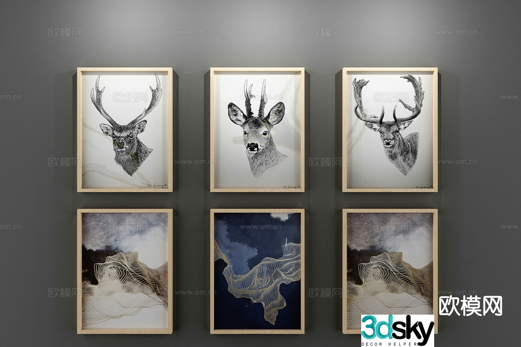 Nordic decorative painting art painting deer hanging painting 3d model