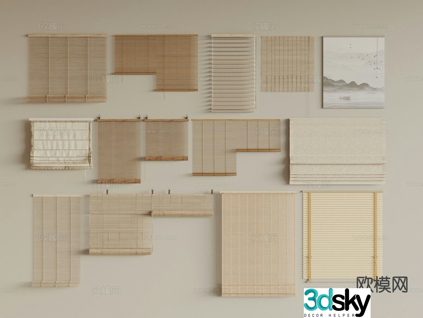 New Chinese style curtains bamboo curtains roller blinds 3d model