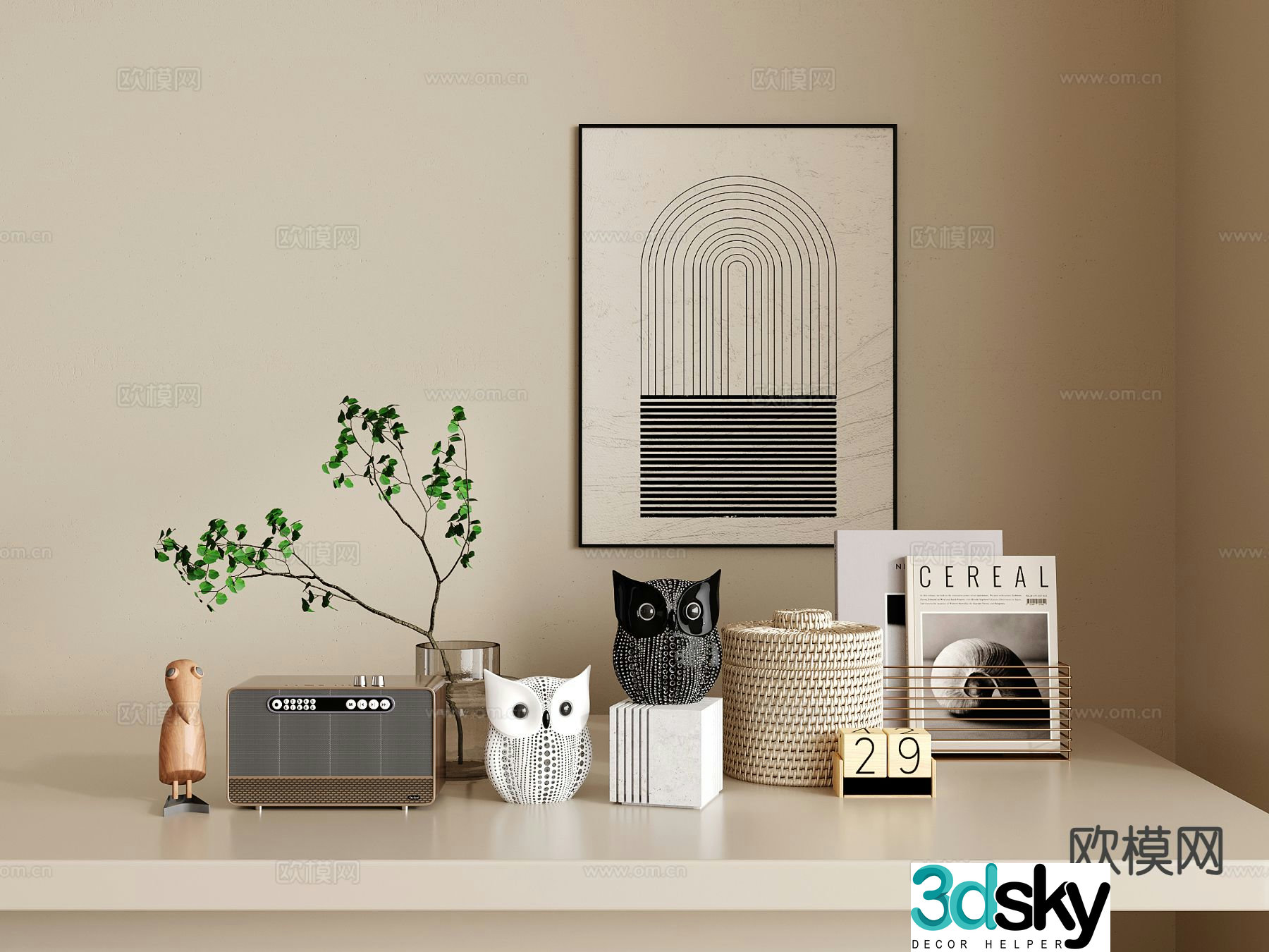 Modern jewelry ornaments owl ornaments radios books vase floral arrangements 3D model