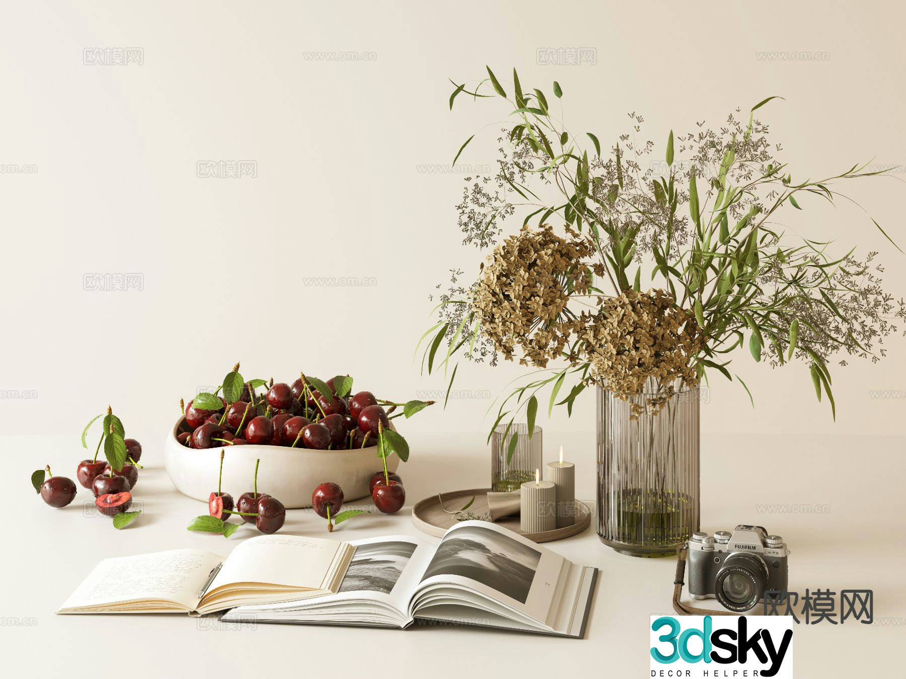 Modern jewelry table decorations candles vases books cherry fruit 3D model