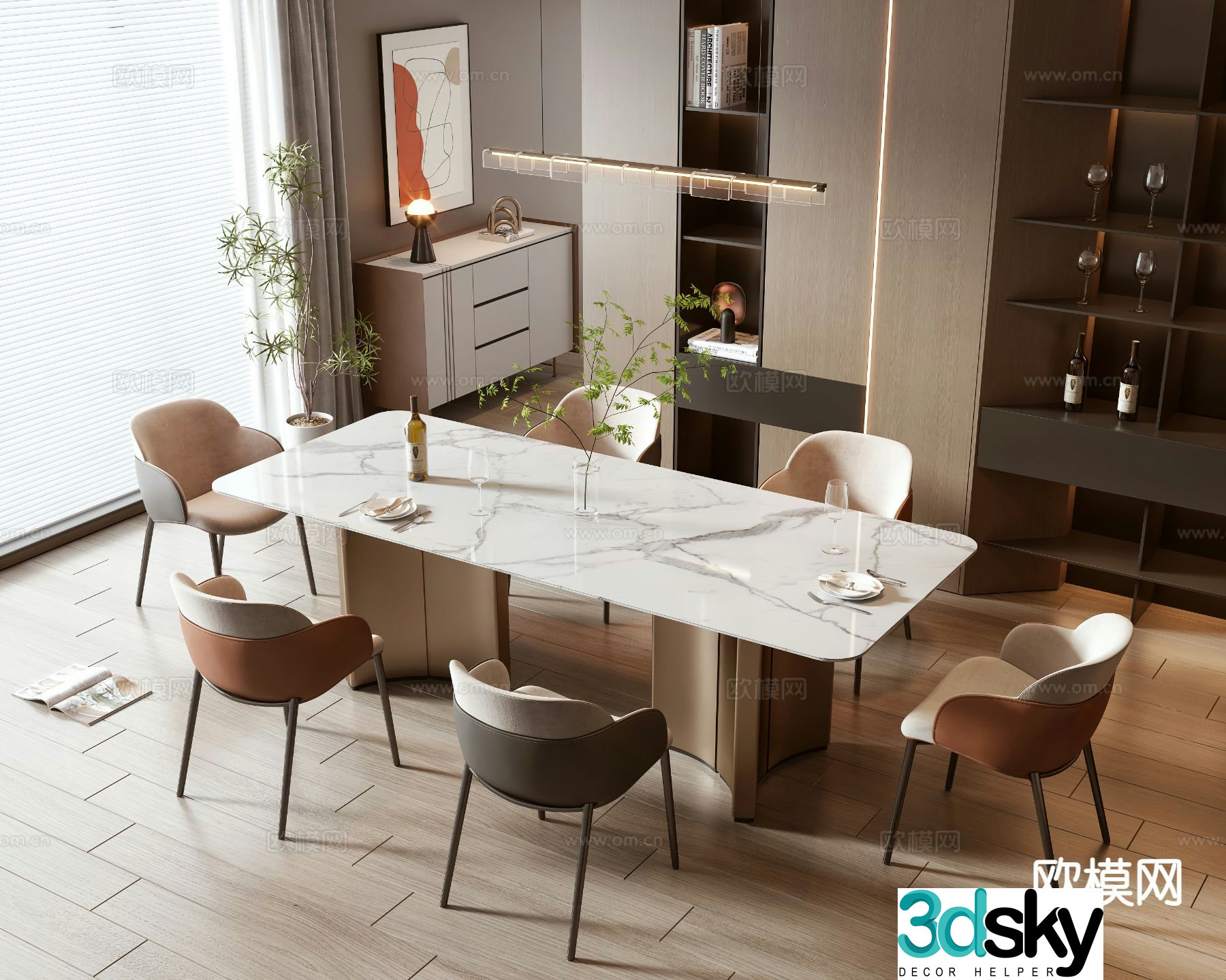 Italian dining table and chairs marble dining table 3d model