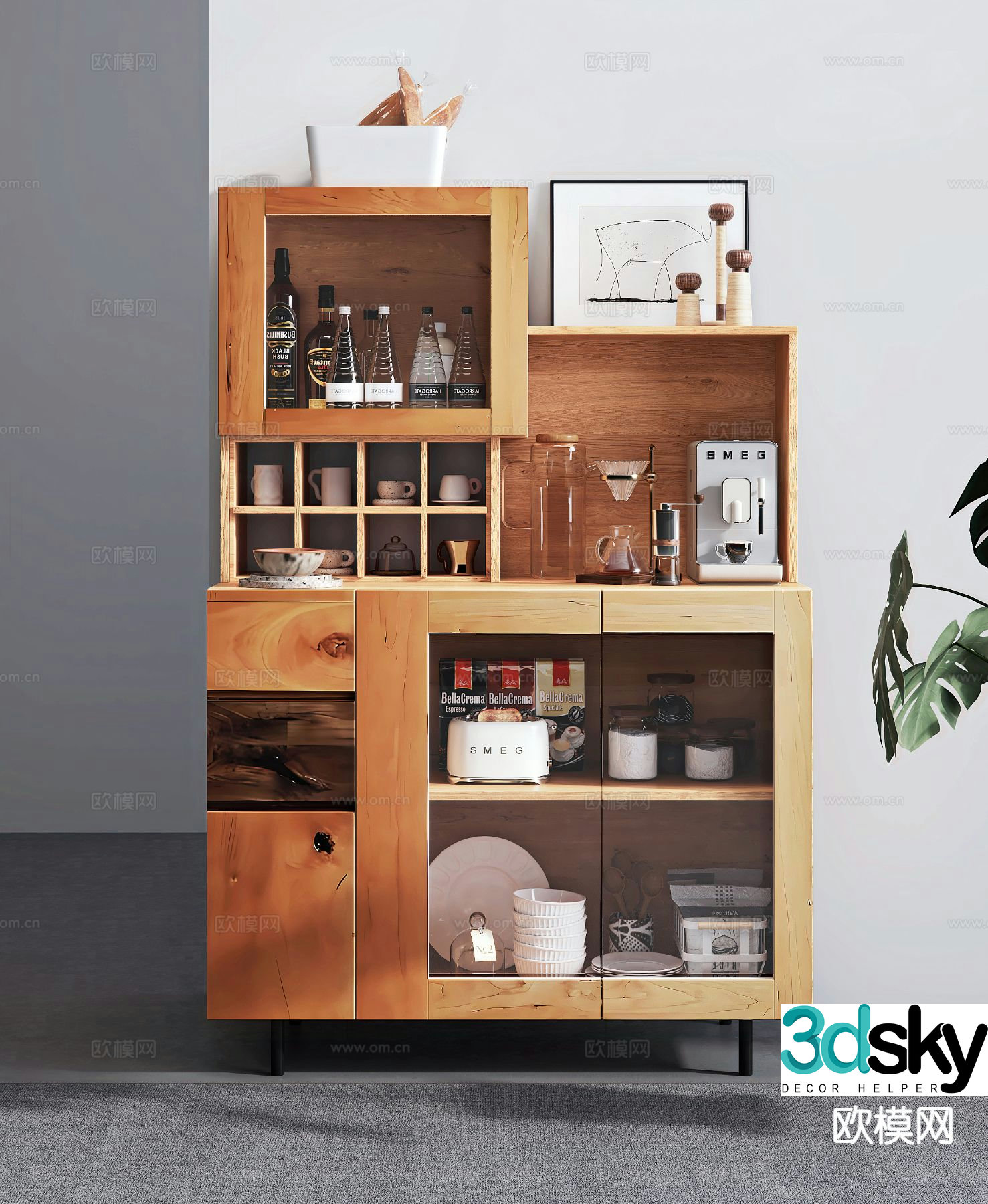 Log style sideboard wine cabinet 3D model