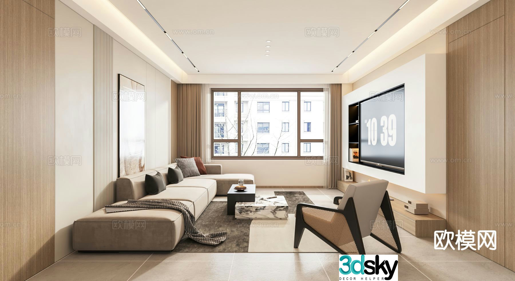 Modern living room open kitchen 3d model