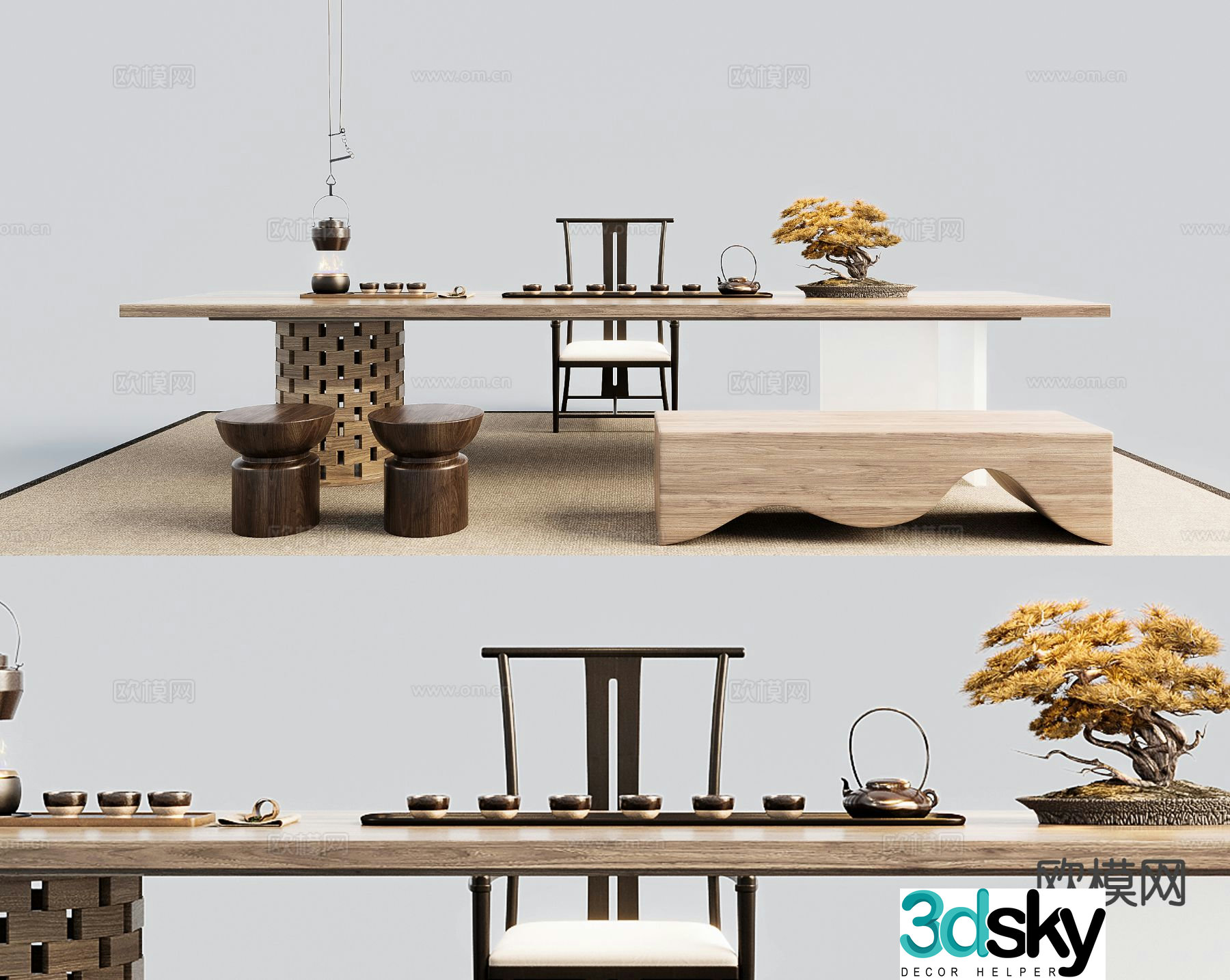 New Chinese tea table and chairs 3d model