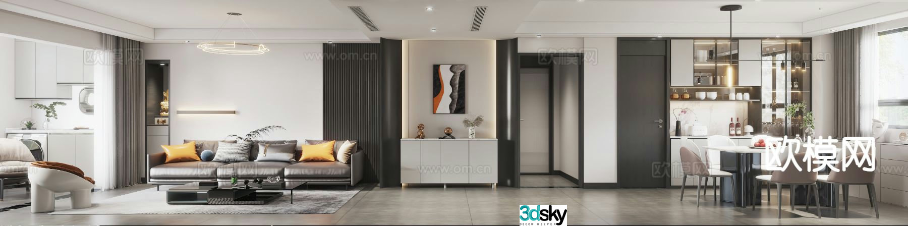 Modern living room dining room bedroom and second bedroom 3D model