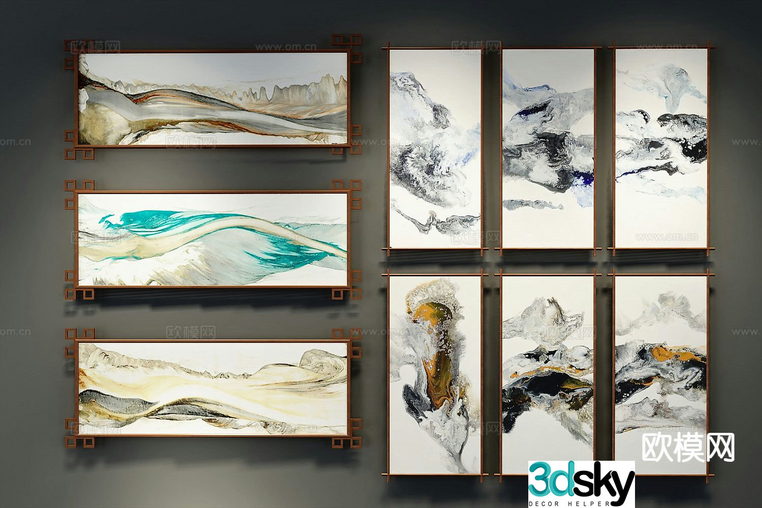 New Chinese style decorative painting combination painting banner painting 3d model