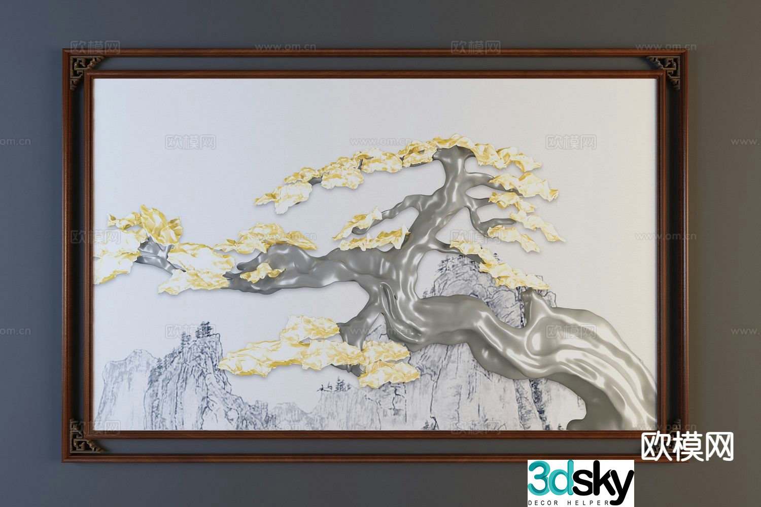 New Chinese style decorative wall chart pine tree hanging painting 3D model