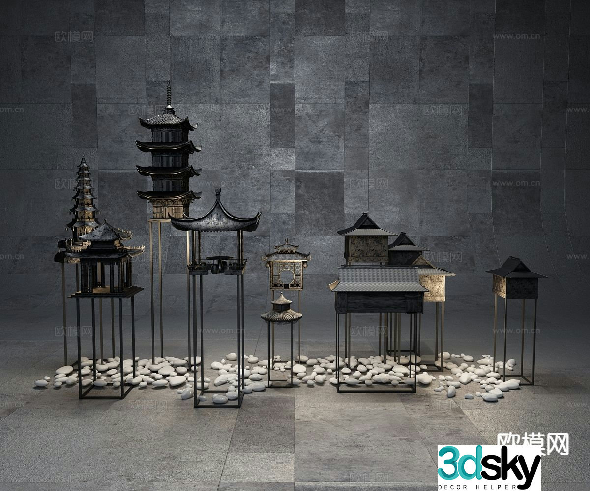 New Chinese style ancient building lampstand candlestick 3d model