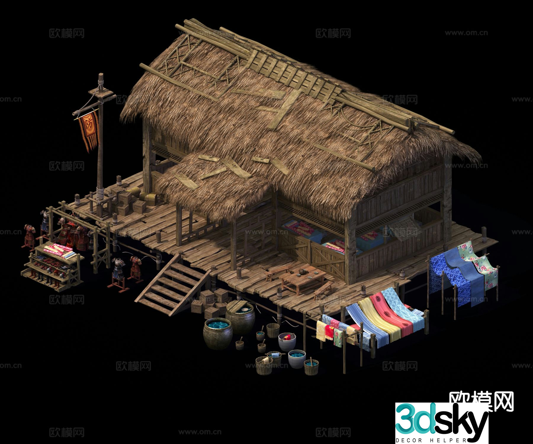 Chinese thatched house folk sketch 3D model