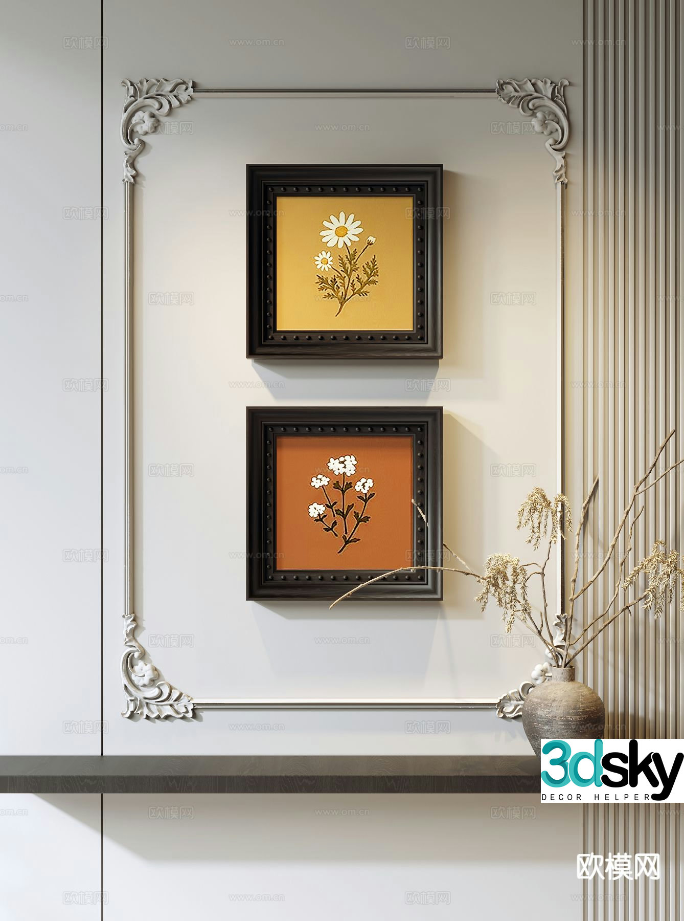Medieval style flower painting decorative painting 3d model
