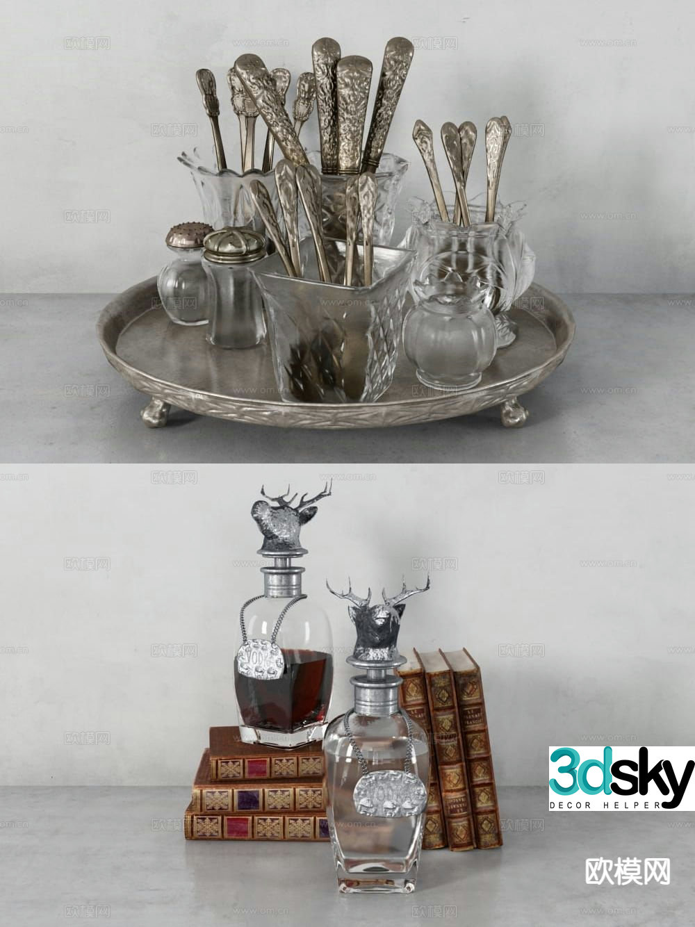 Simple European decorations tableware wine bottles drinks cups 3D model
