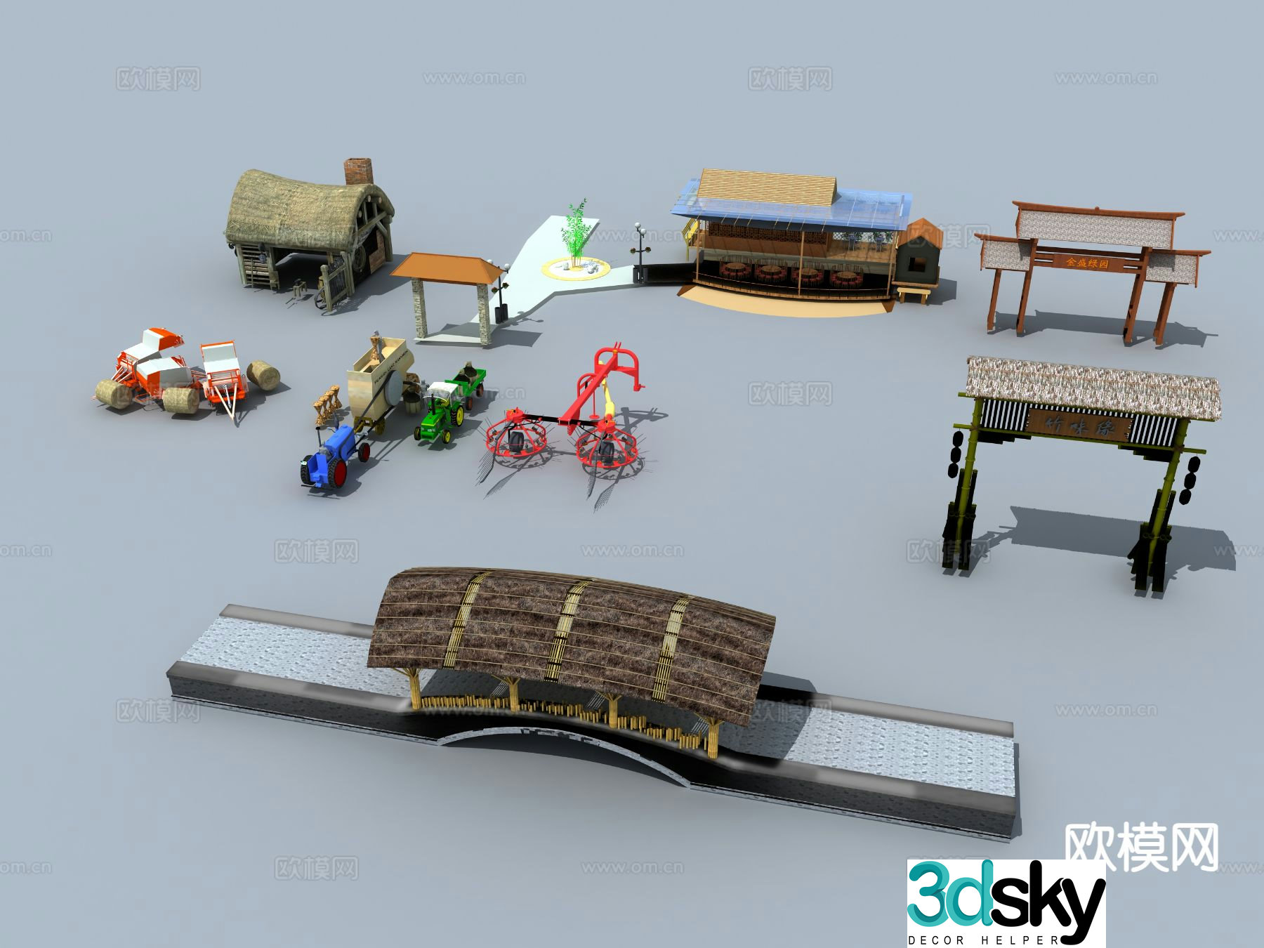 Traditional farm tools straw house lawn mower 3d model