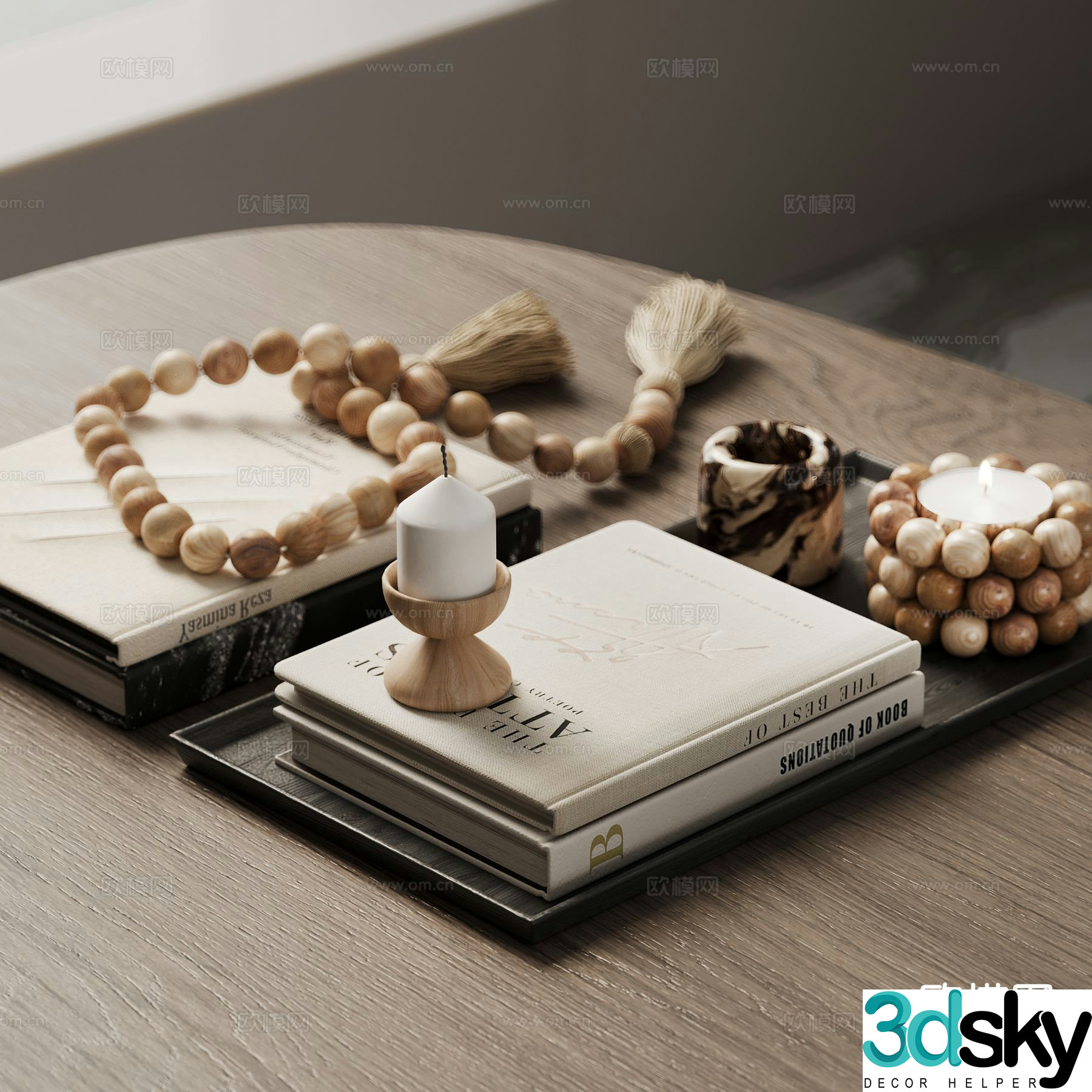 Modern wooden strings bracelets book decorations candles desktop decorations 3D model