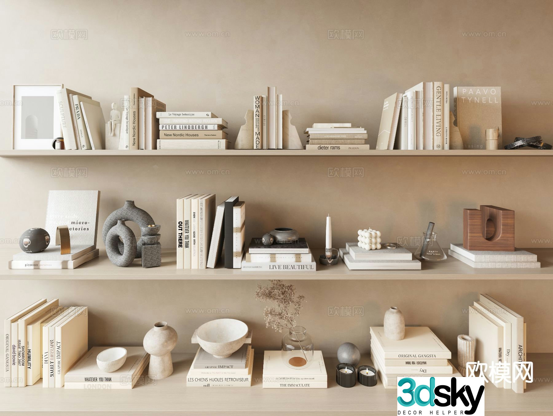 Modern decorations ornaments books vases 3d model