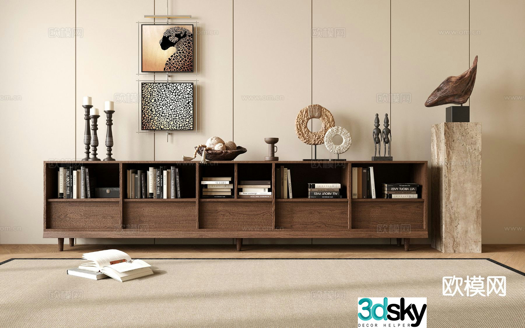 Medieval style low bookcase floor cabinet 3D model