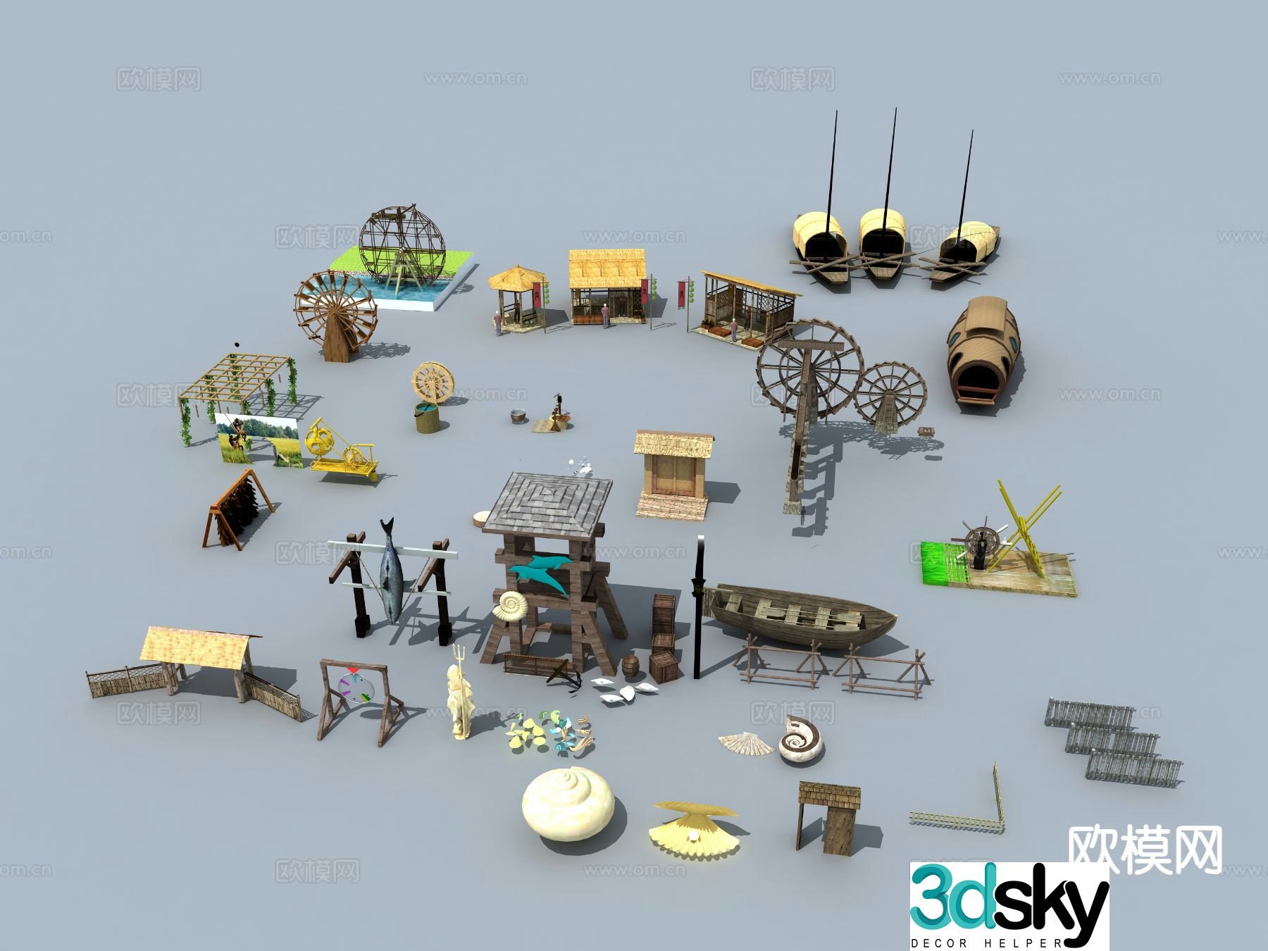 Traditional Chinese farm tools awning boats waterwheels folk sketches 3D model