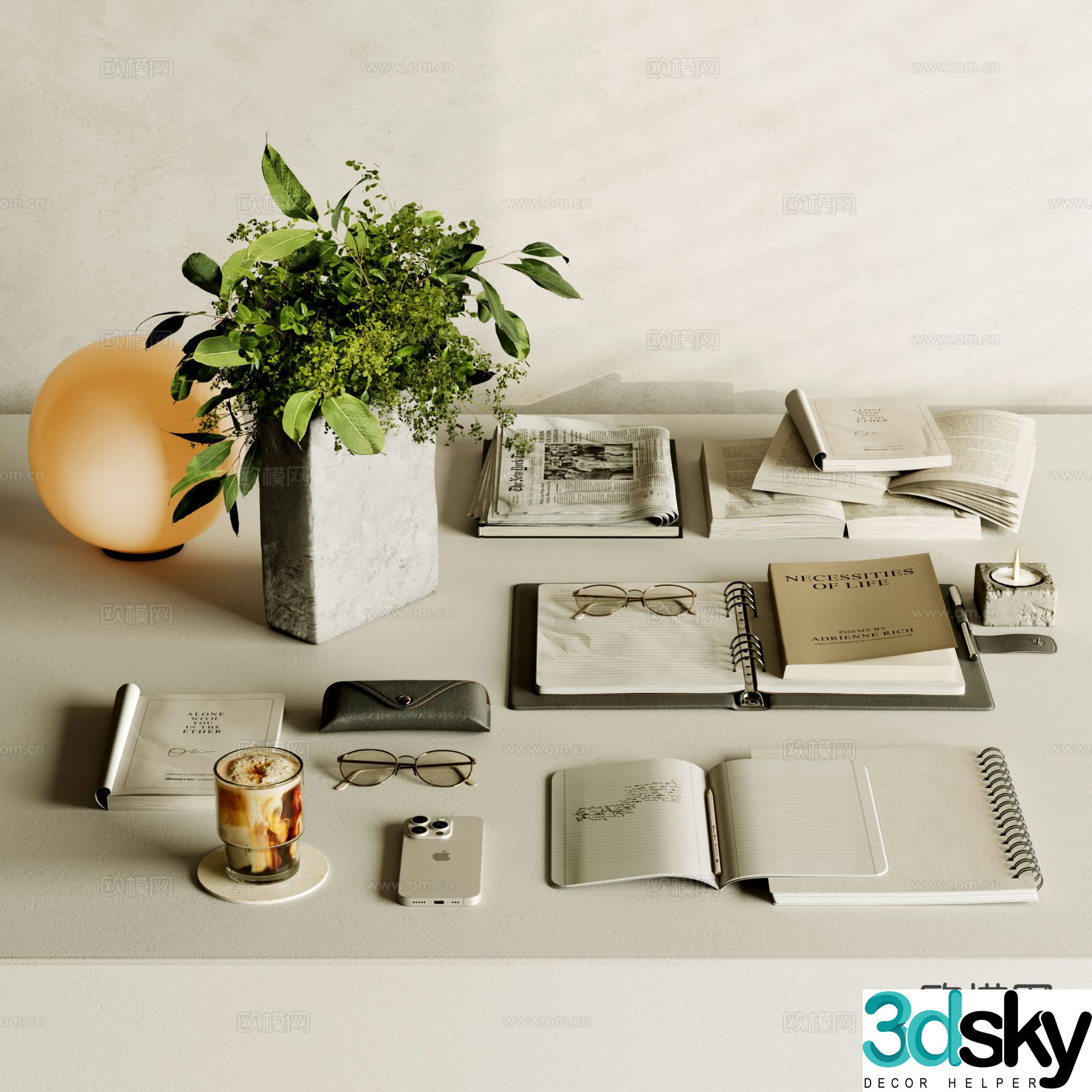Modern desktop accessories books desk lamp 3d model
