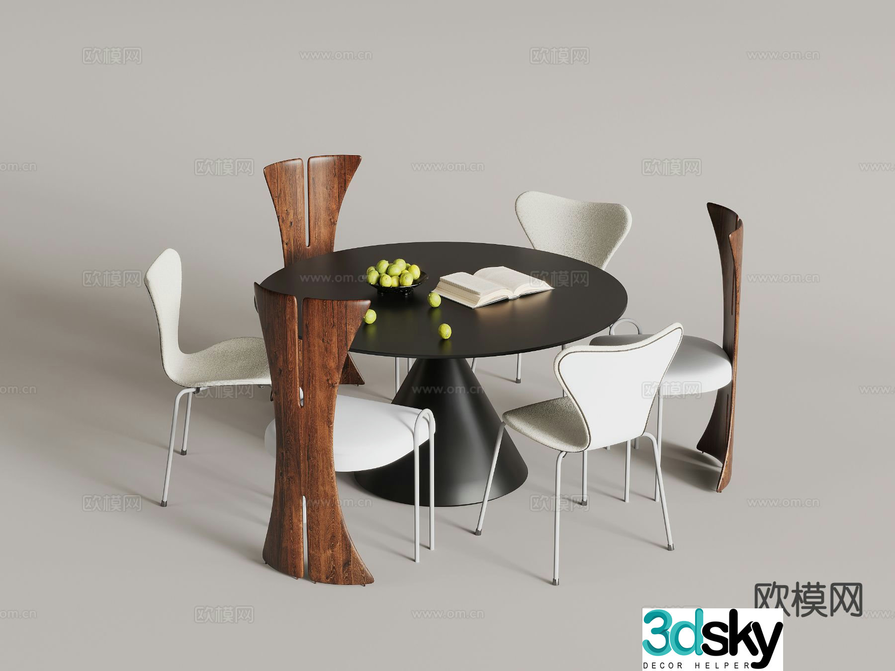 Medieval style round dining table retro style dining table and chairs 3D model