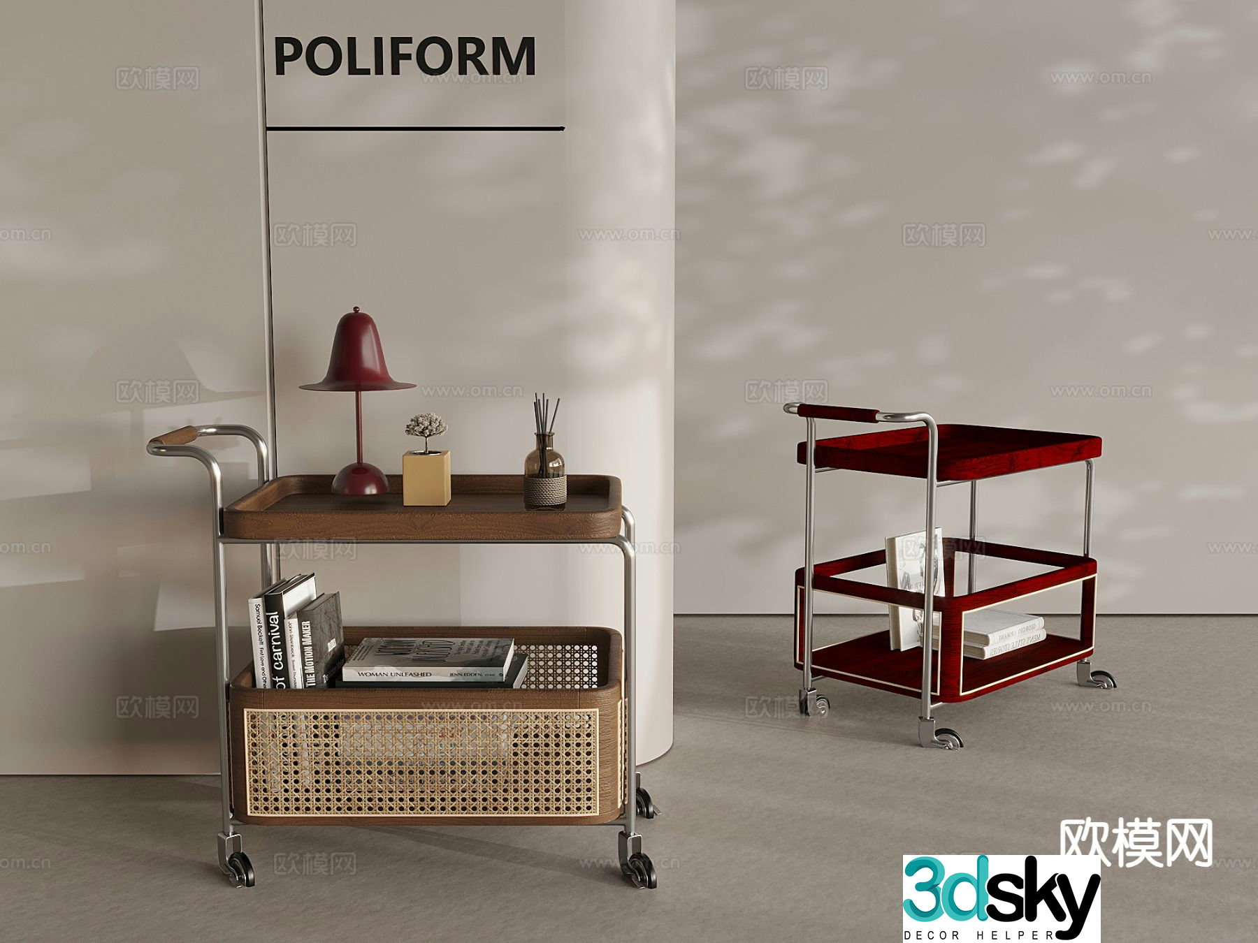 Medieval style rattan side table wheeled mobile cart 3D model