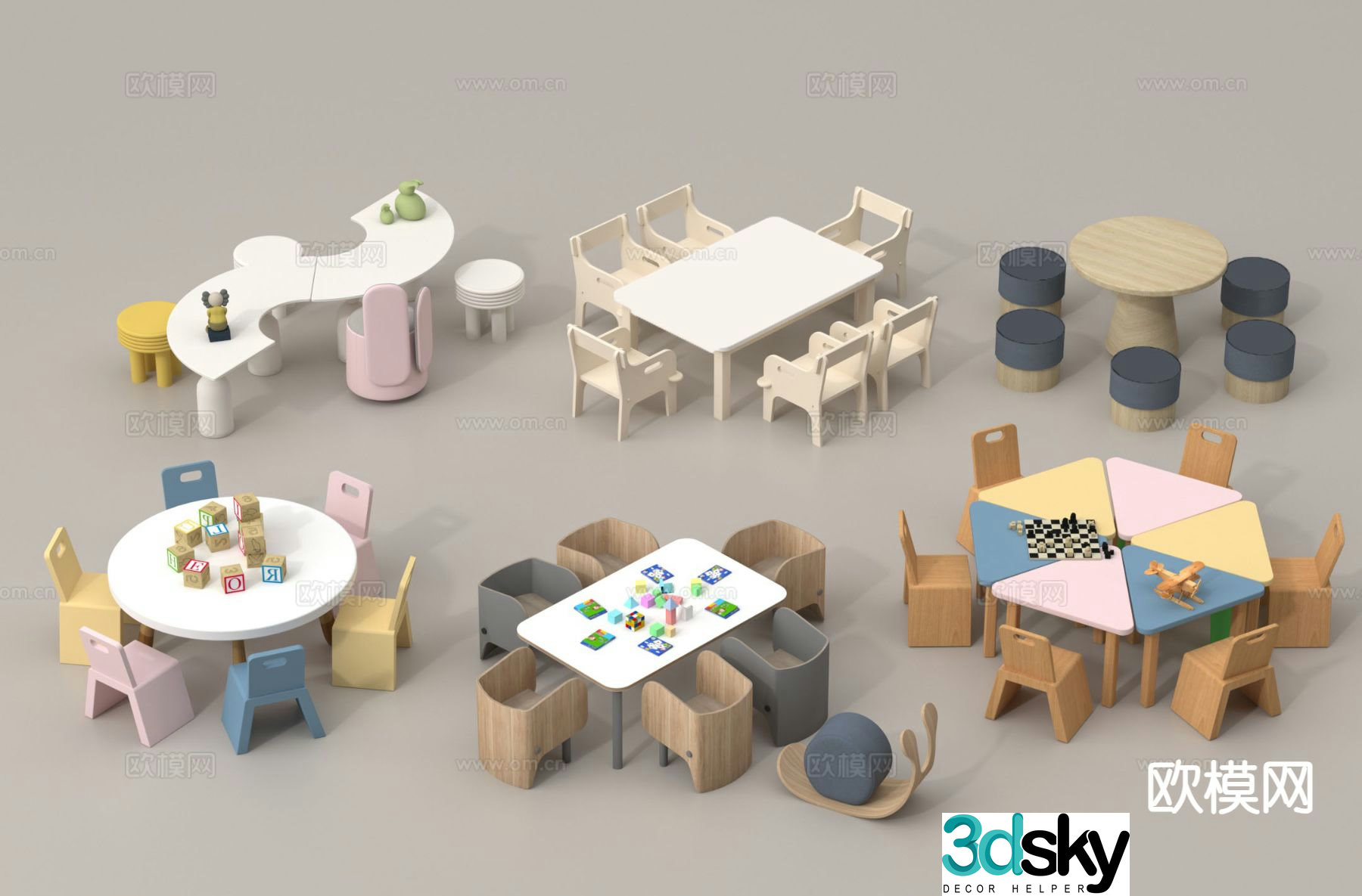 Modern children’s table and chairs toy table 3d model