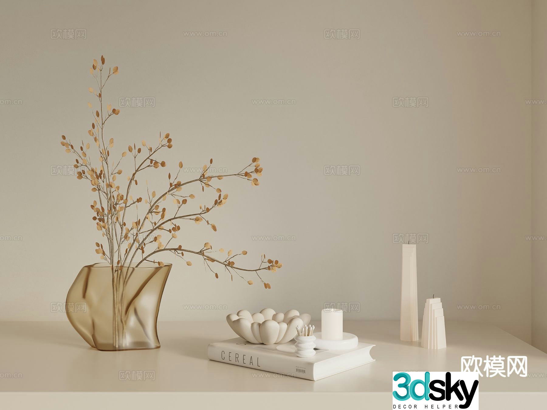 Cream style ornaments books candles water bottle 3d model