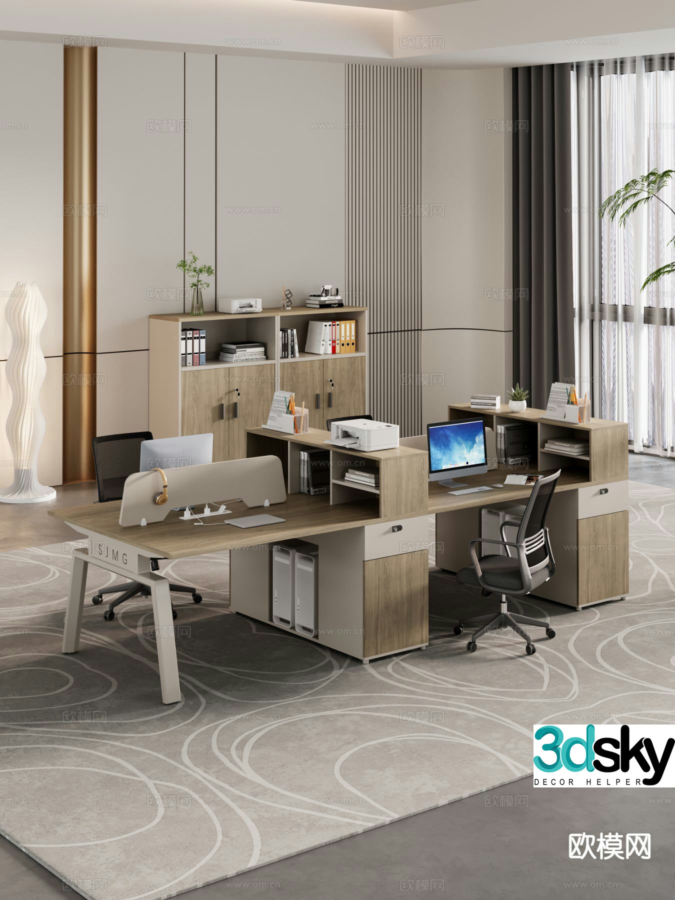 Modern staff desk staff desk office desk and chair 3d model