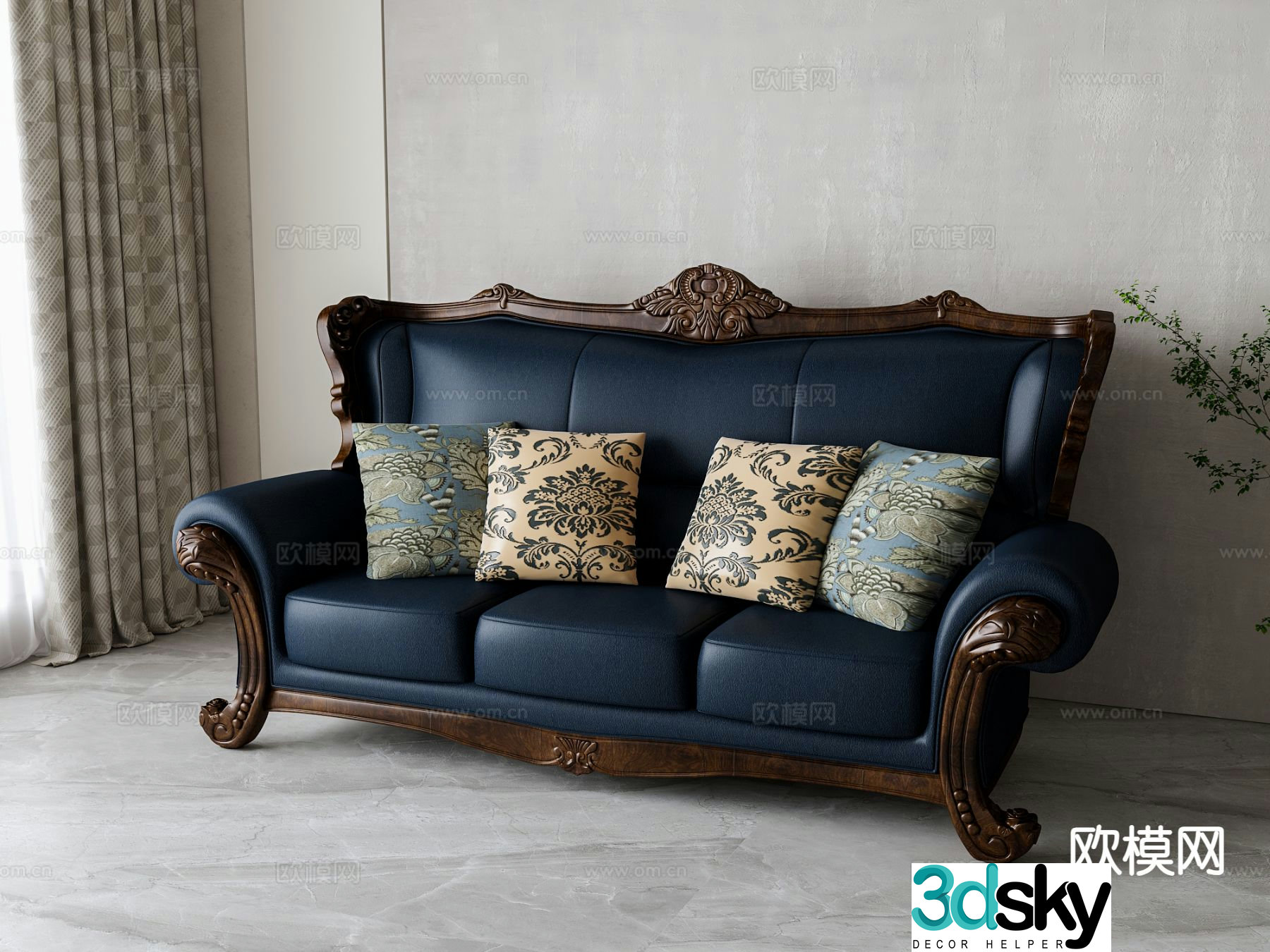 American three-seat sofa leather sofa 3d model