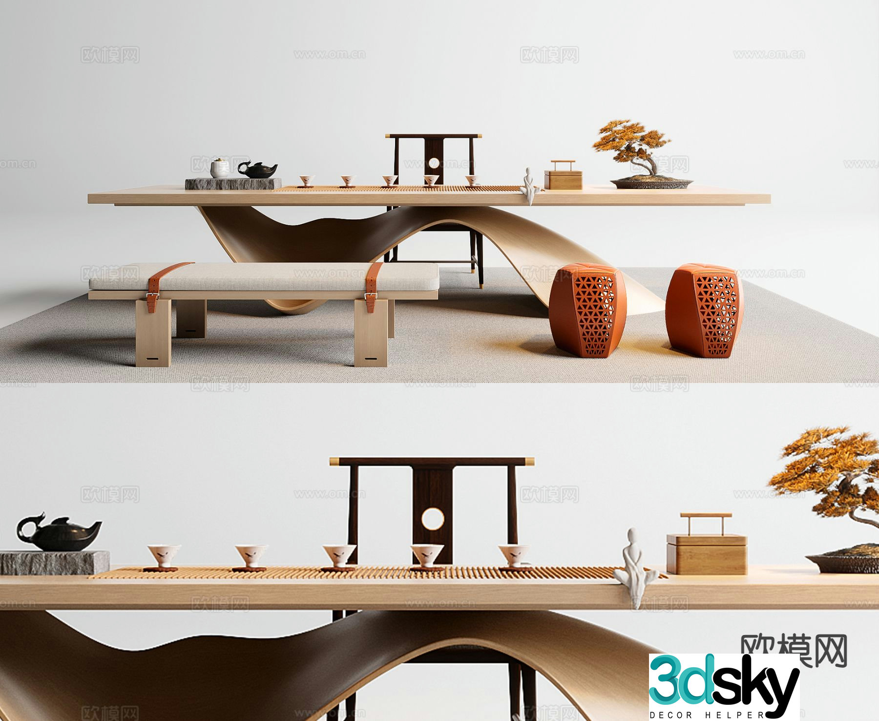New Chinese tea table and chairs 3d model
