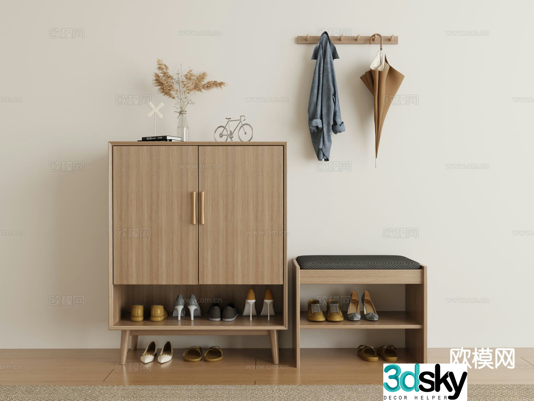 Nordic Entrance Shoe Cabinet Shoe Changing Stool 3D Model