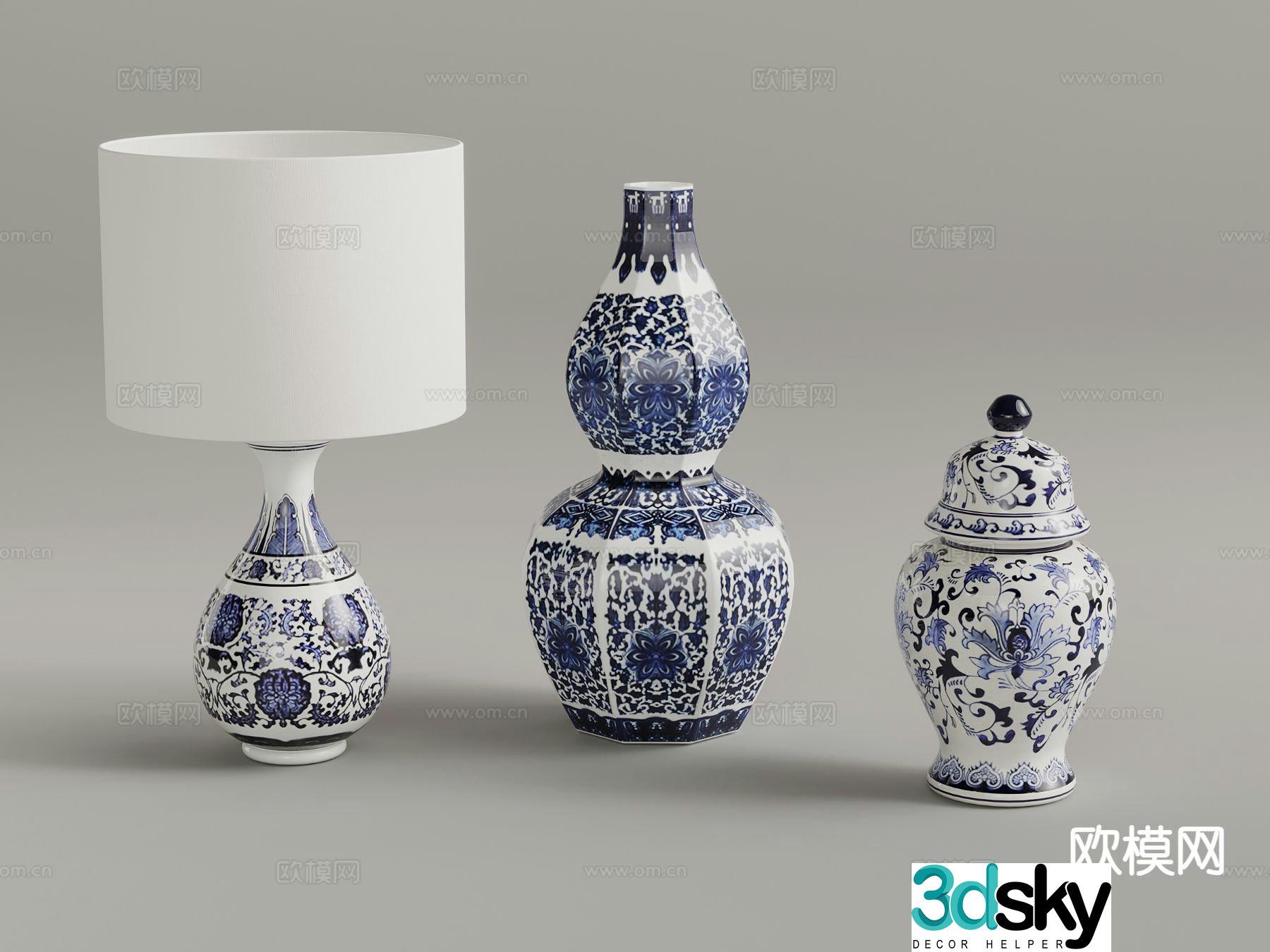 New Chinese style blue and white porcelain table lamp 3d model