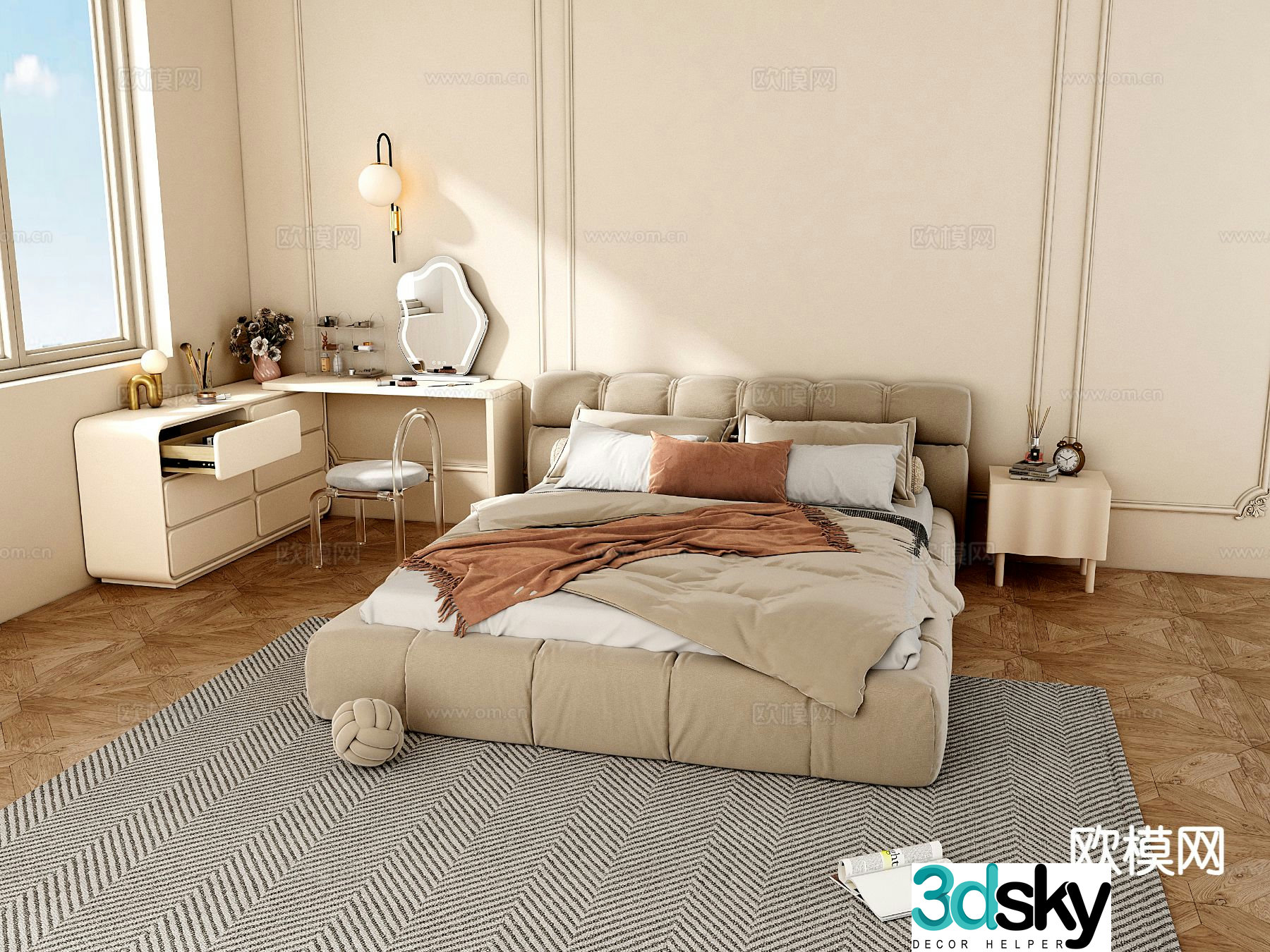 Cream style double bed 3d model