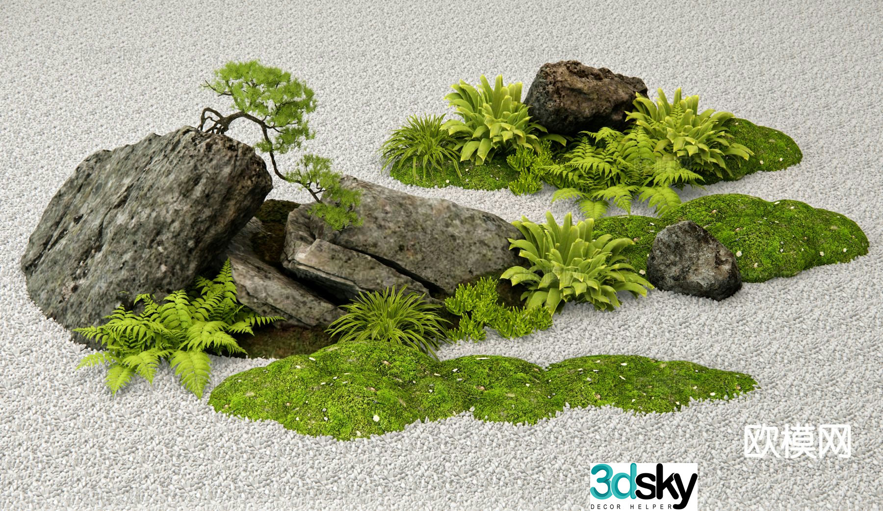 New Chinese style landscape stone moss landscaping 3D model