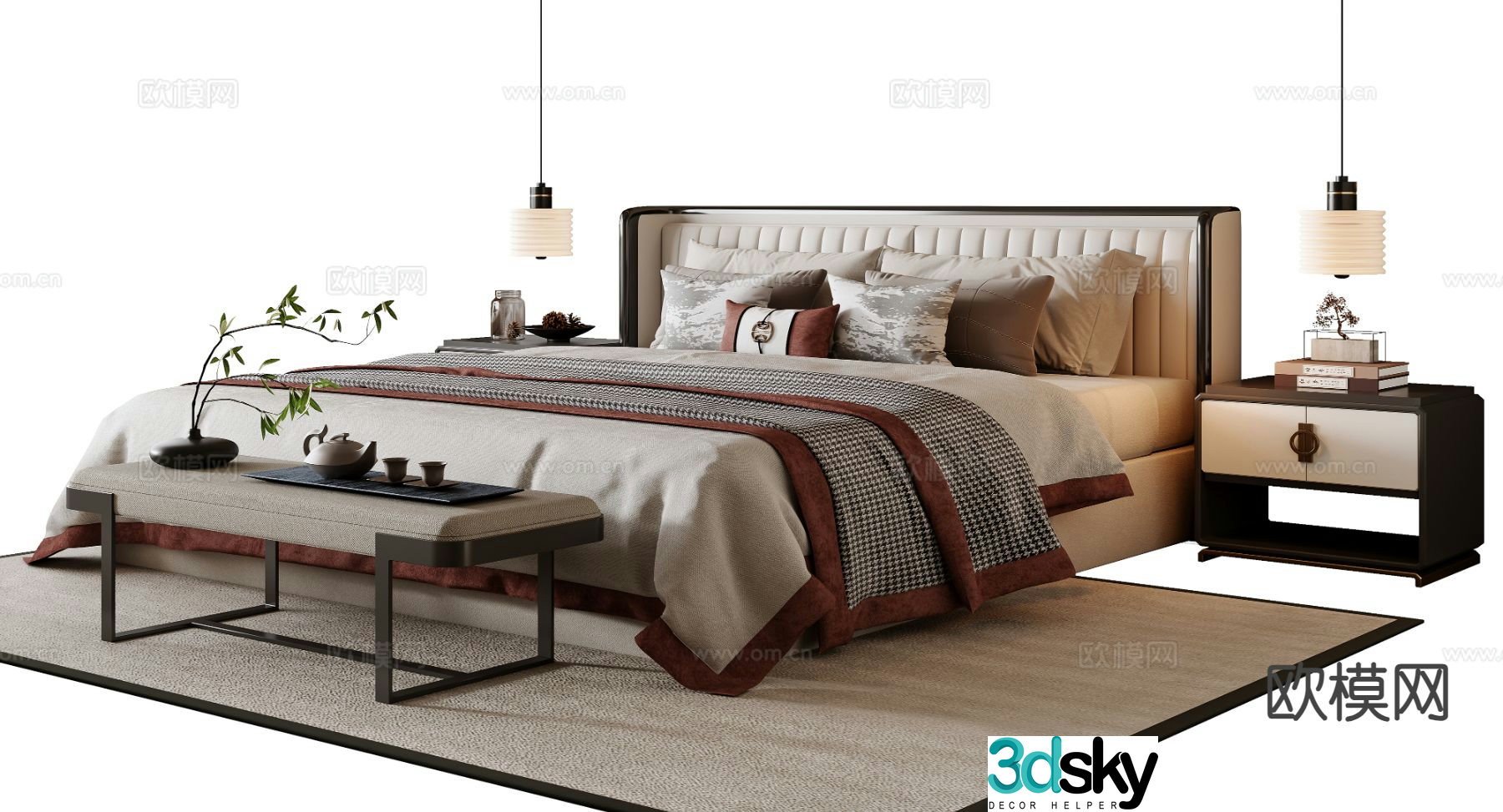 New Chinese style double bed 3d model