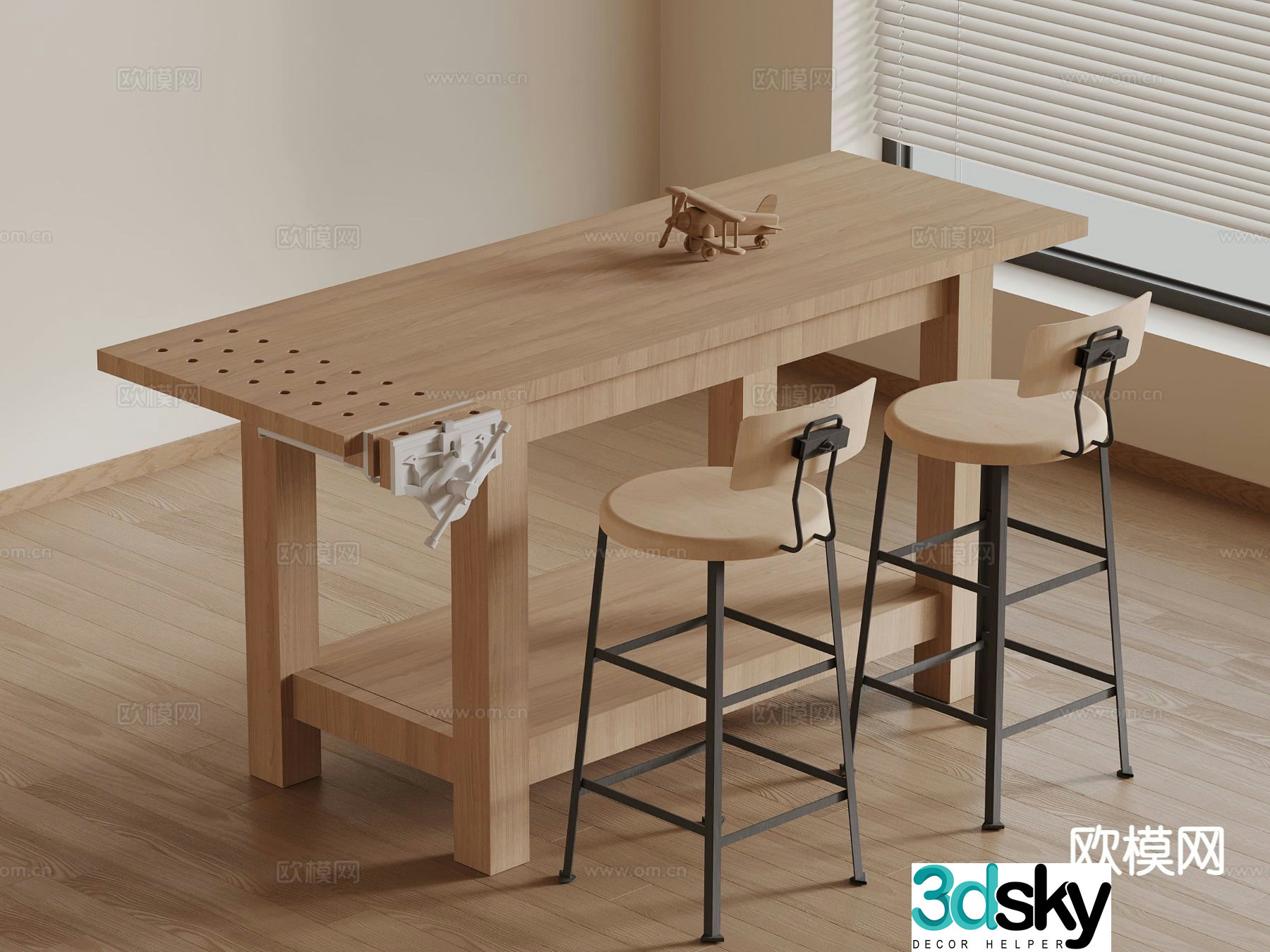 Modern handicraft workshop solid wood tables and chairs handmade table bar counter bar chair 3d model