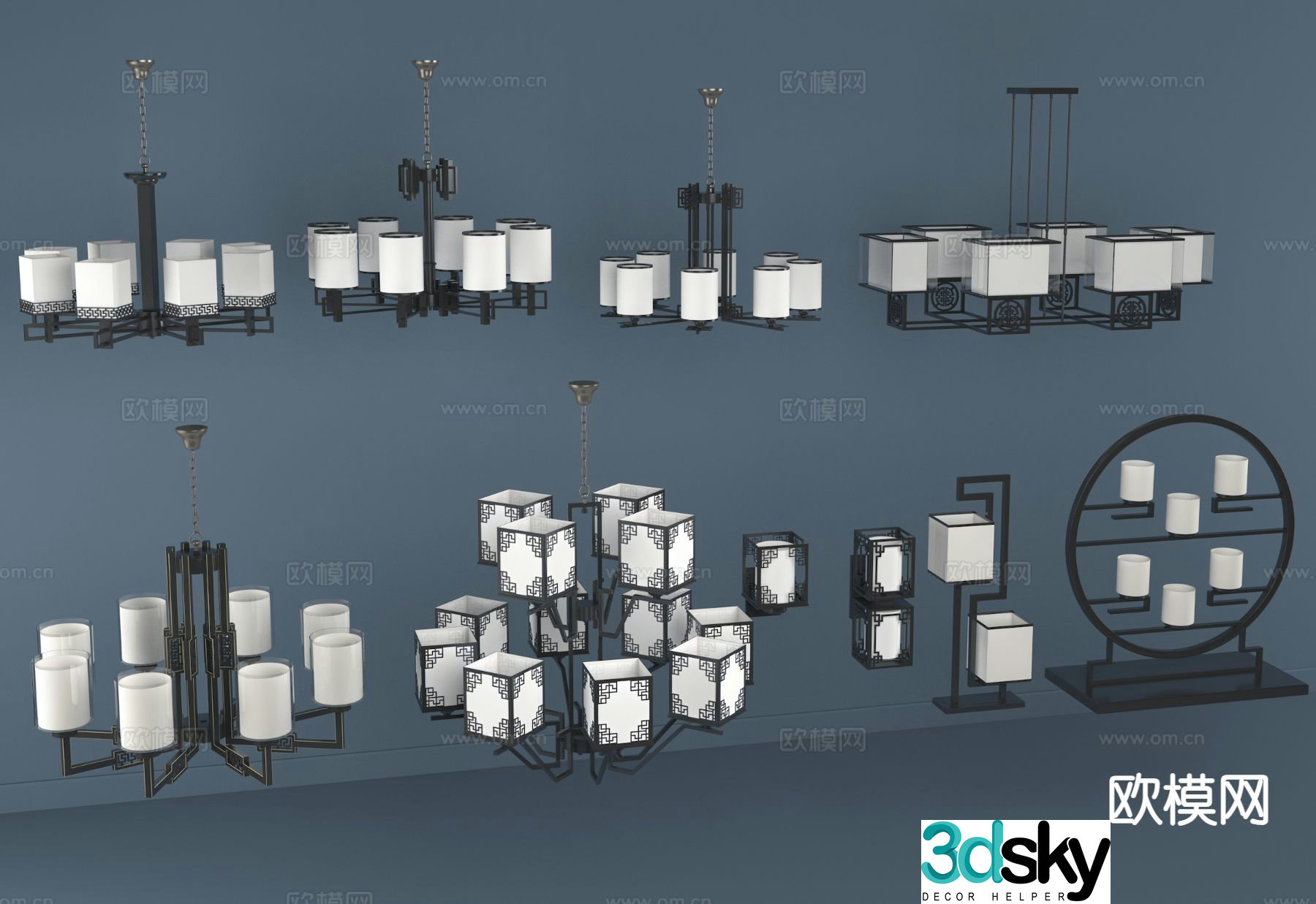 New Chinese style multi-head chandelier 3d model