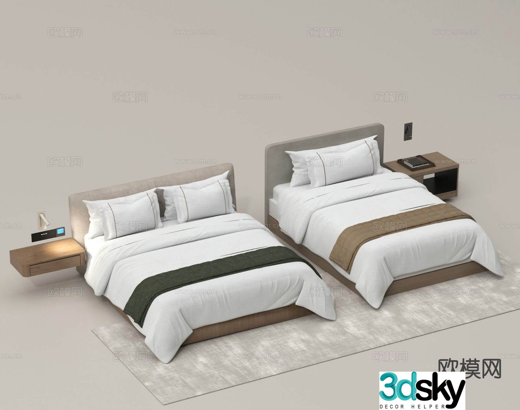 Modern hotel single bed hotel double bed 3d model