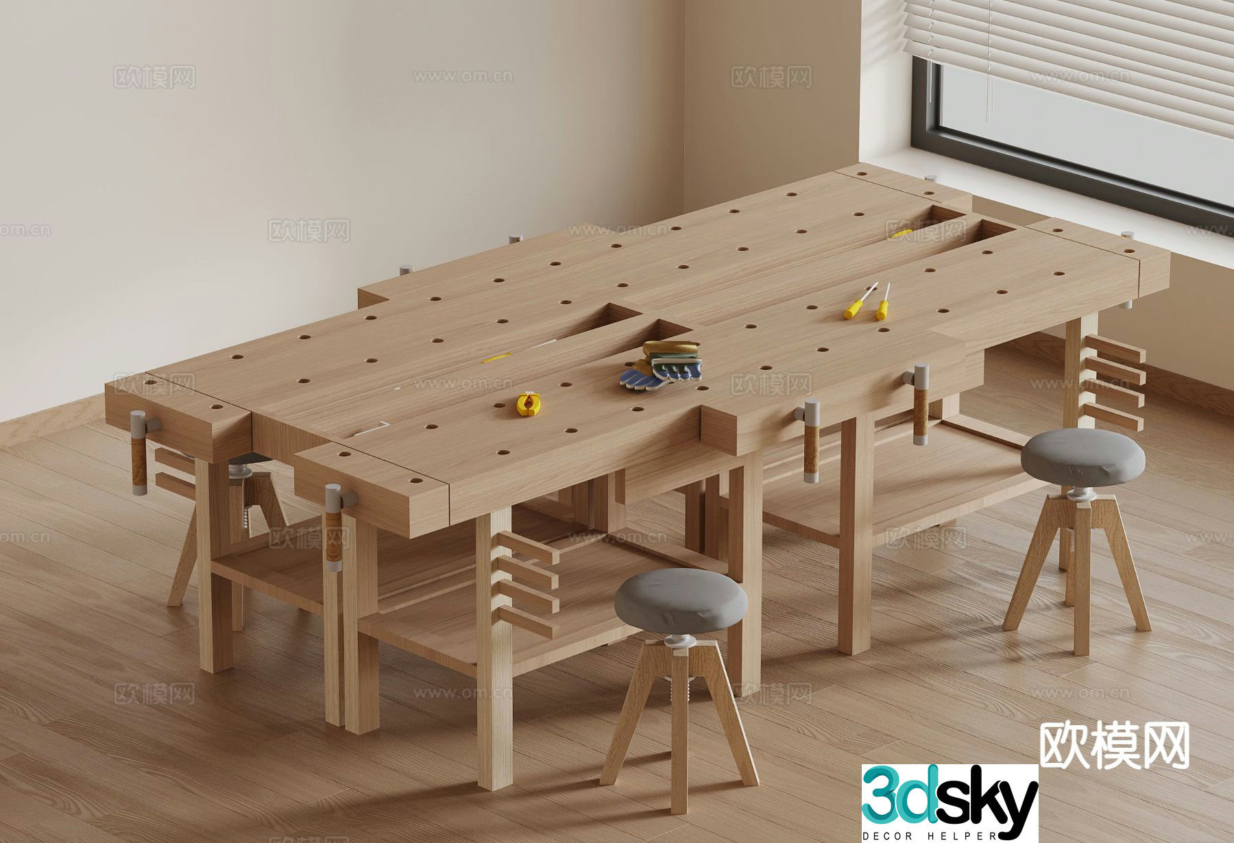 Modern handicraft workshop solid wood tables and chairs handmade table 3D model