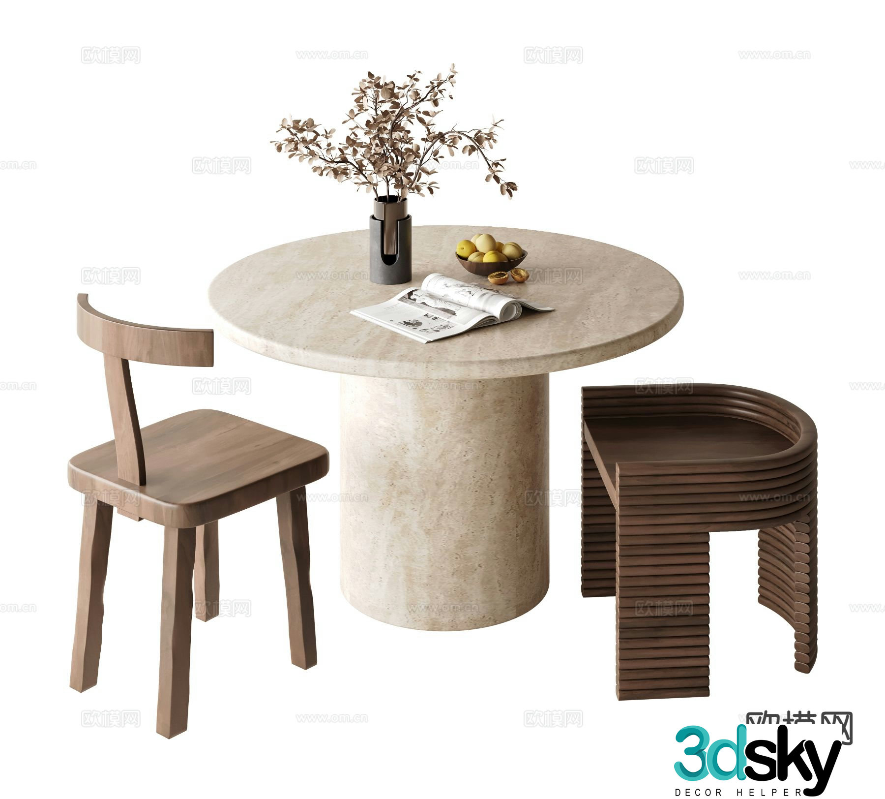 Wabi-sabi style dining table and chairs 3d model