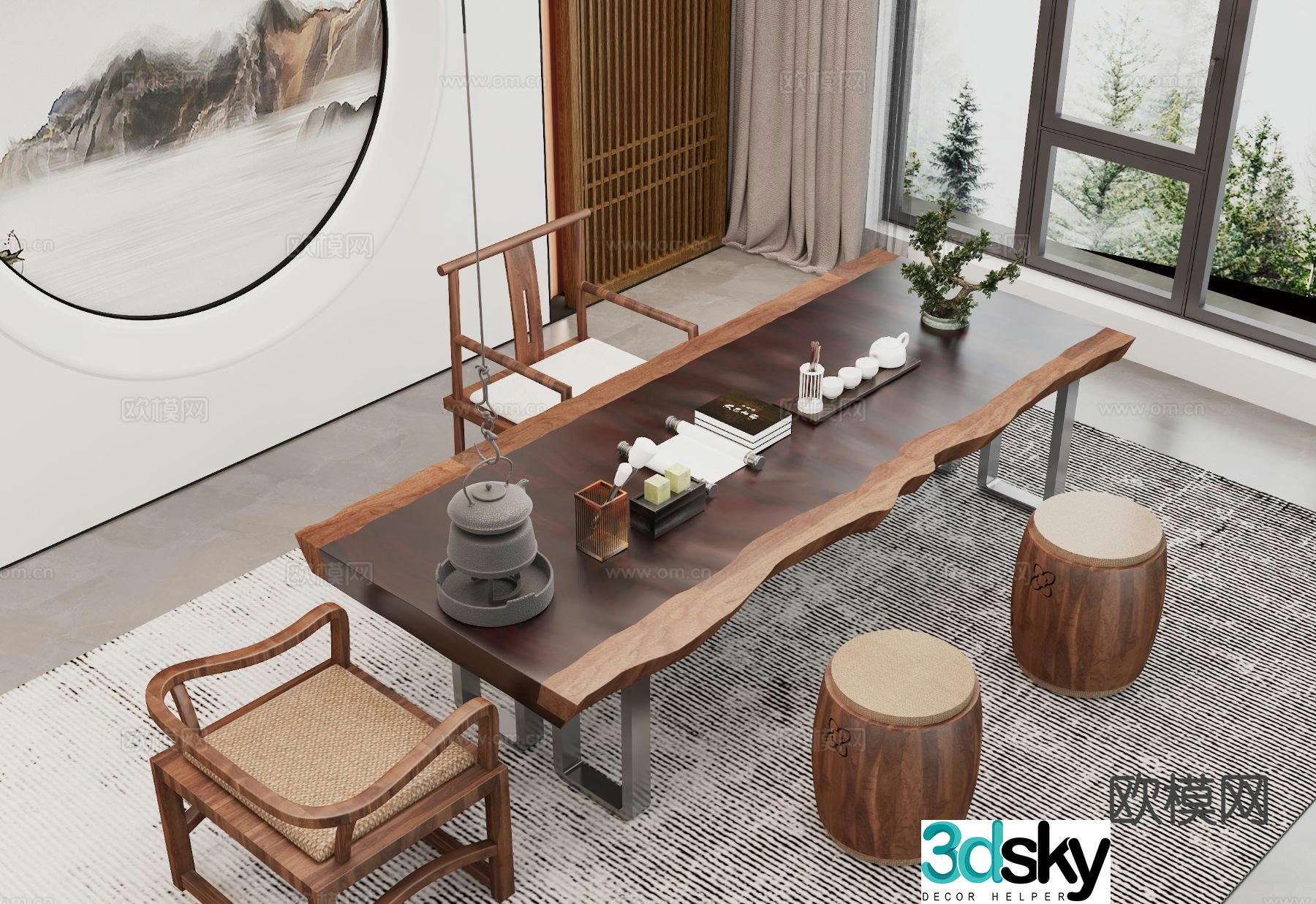 New Chinese tea table and chairs 3d model