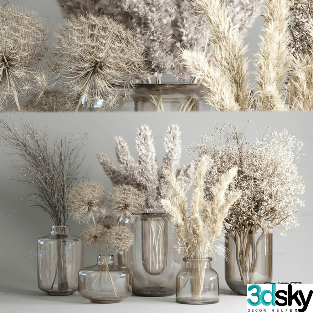 glass vase floristry reed dried flowers 3d model