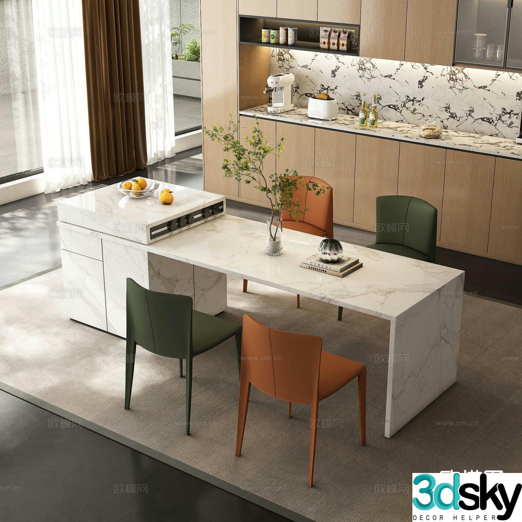 Modern island table dining table and chairs 3d model