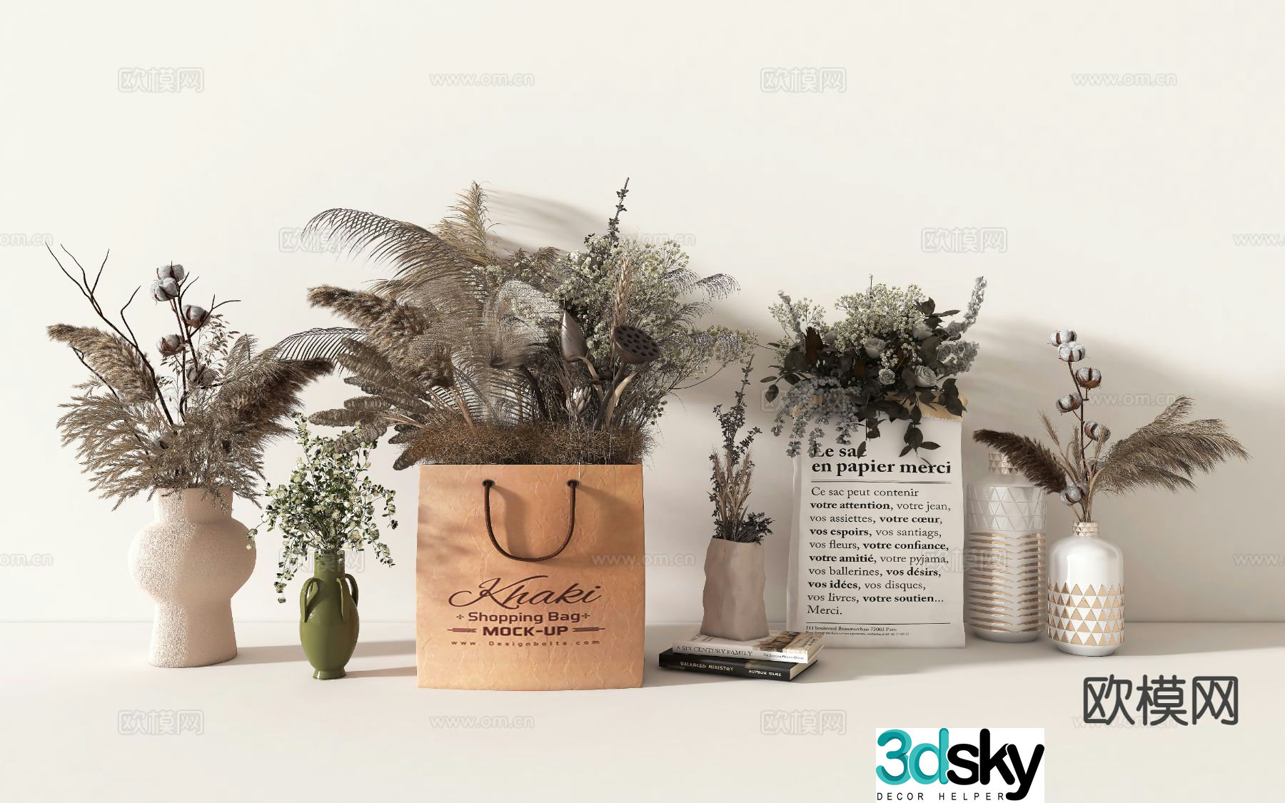 vase floral arrangement dried flowers reed flower arrangement 3d model