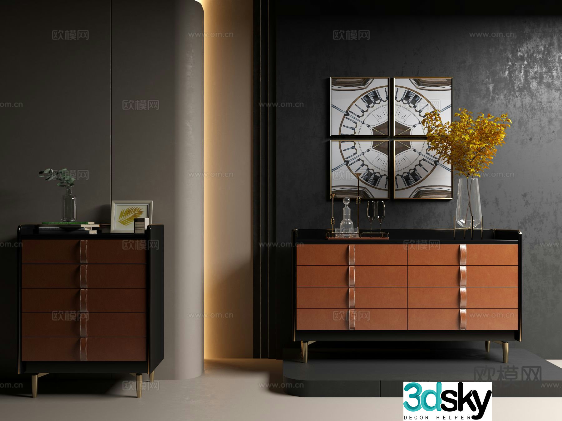 Medieval Style Drawer Cabinet Leather Entrance Cabinet 3D Model
