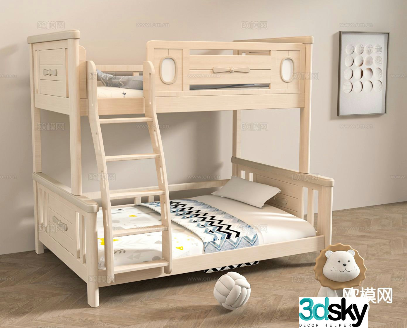 Log style children’s bed bunk bed 3D model