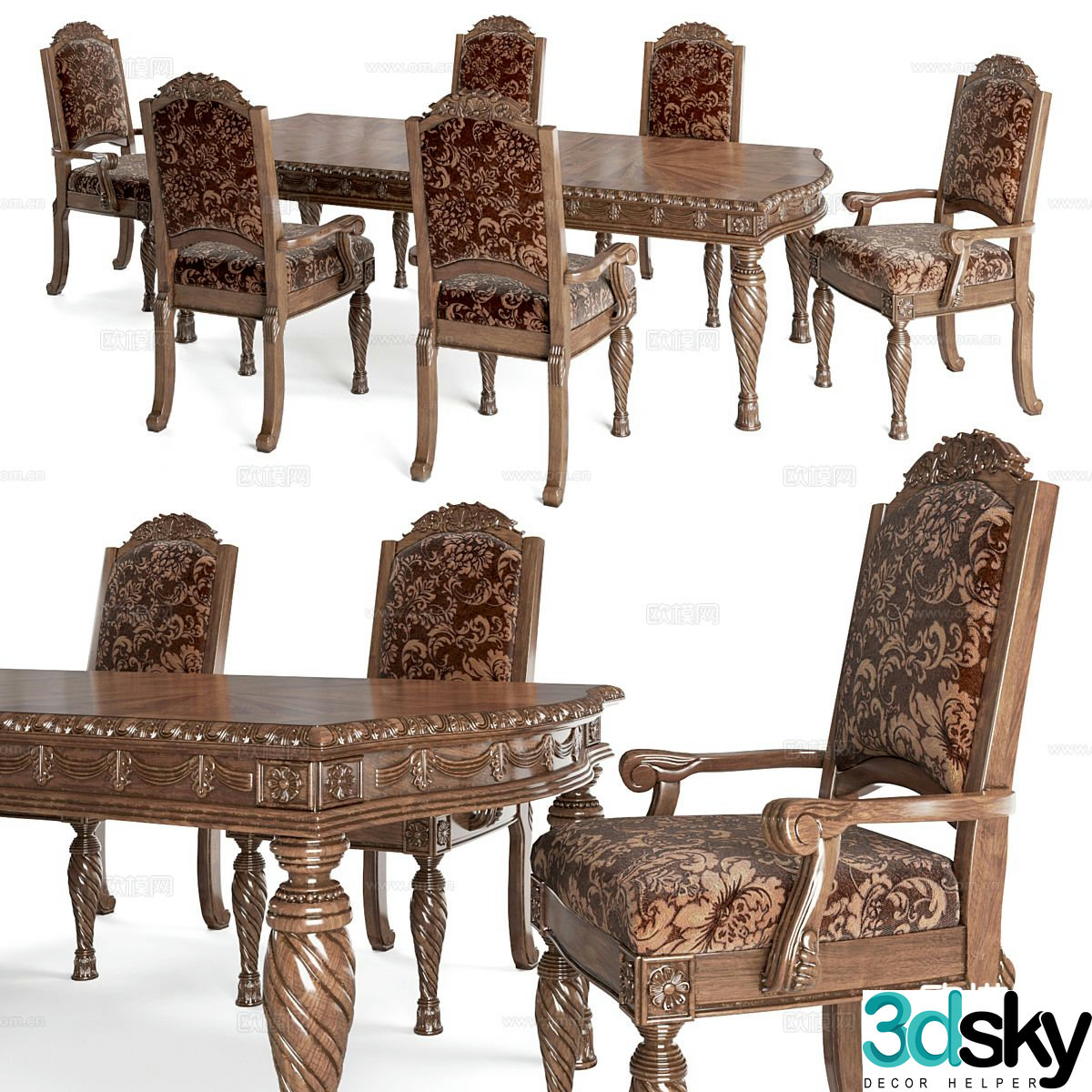 European classical dining table and chairs 3D model