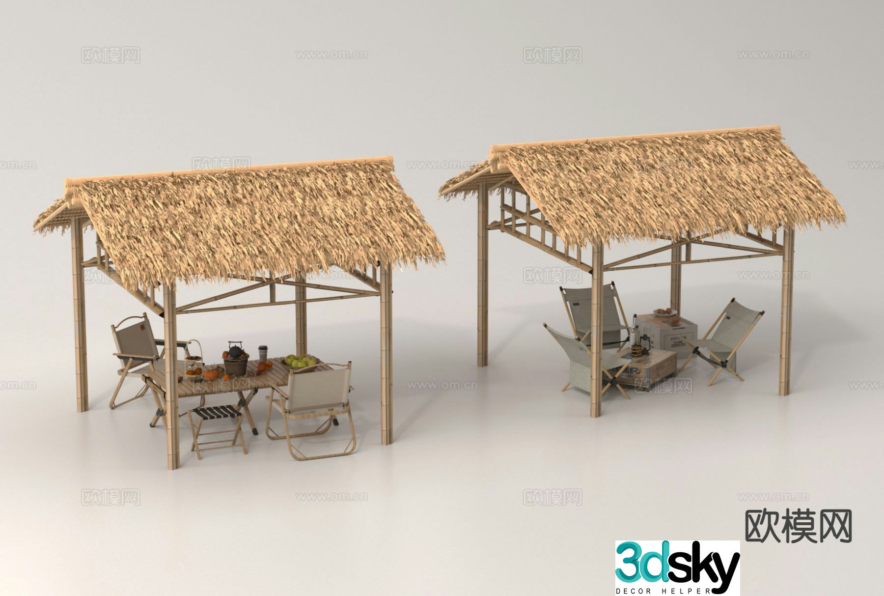 Outdoor tables and chairs camping tables and chairs thatched shed awning awning 3D model