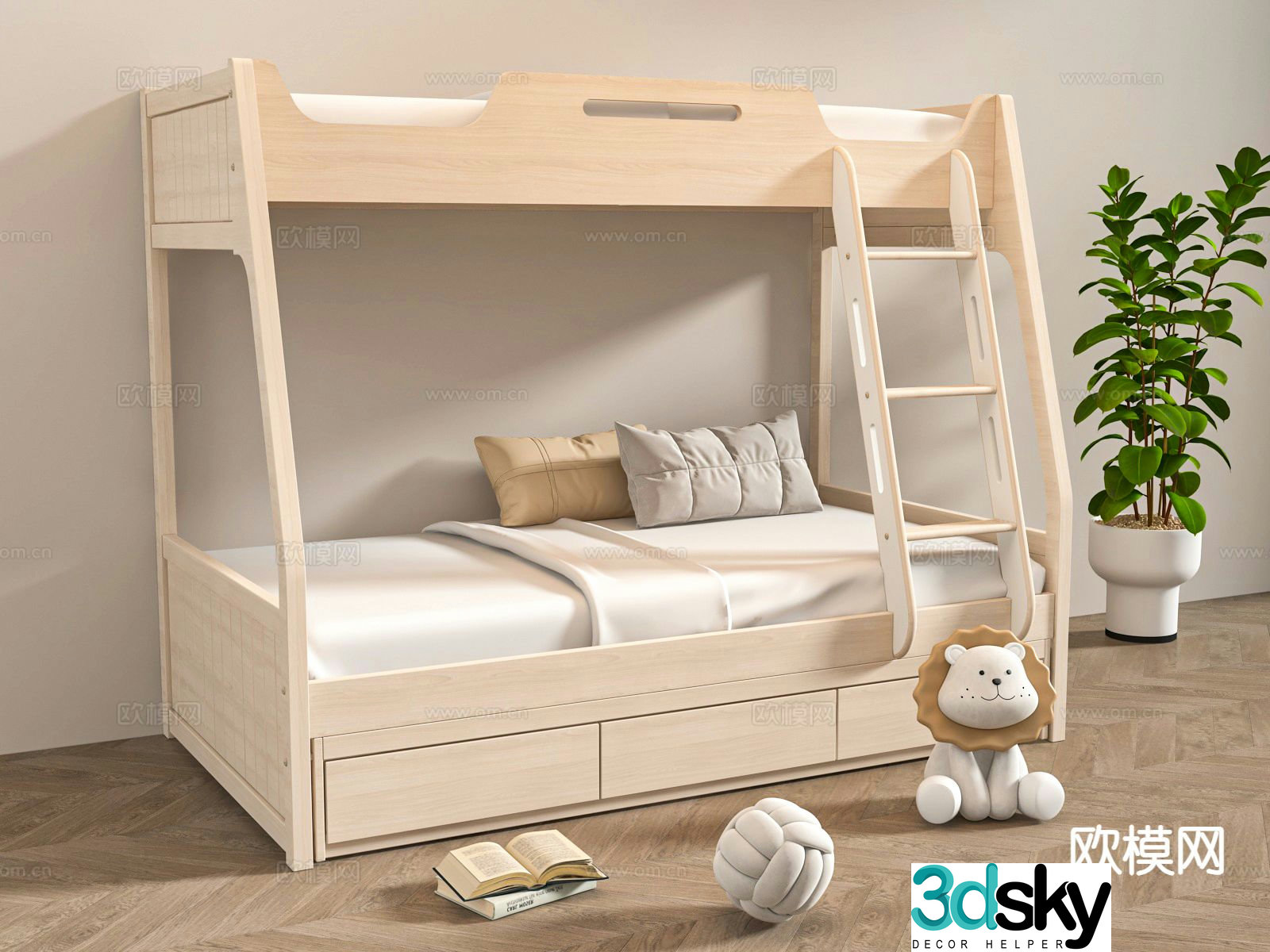 Log style children’s bed bunk bed 3D model