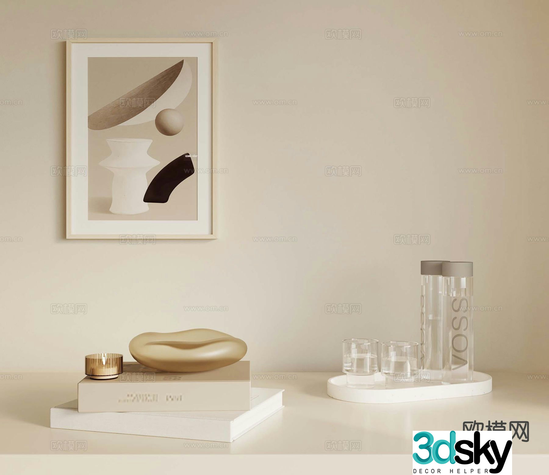 Cream style ornaments books candles water bottle 3d model