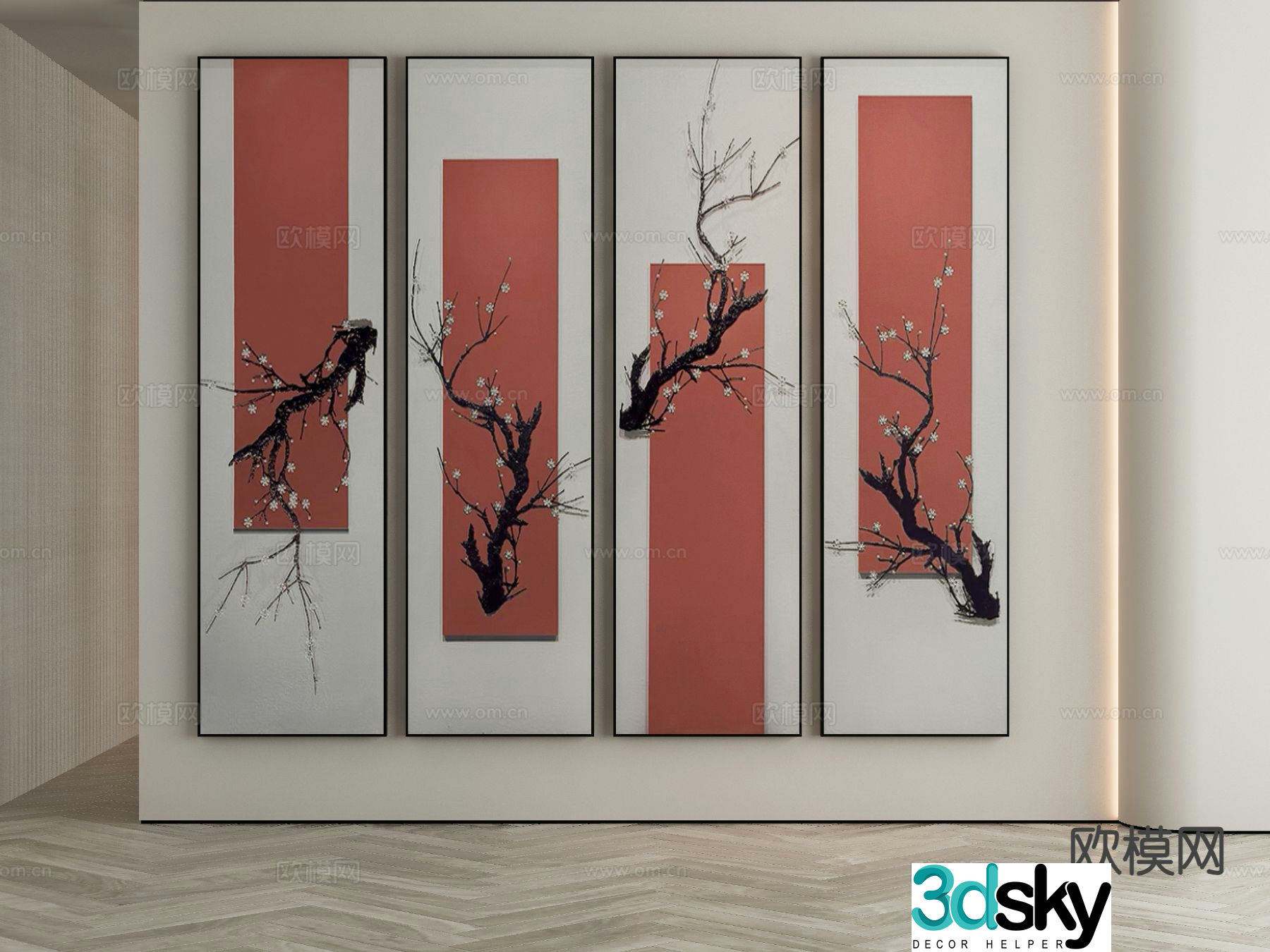New Chinese style decorative painting combination painting plum blossom hanging painting 3D model